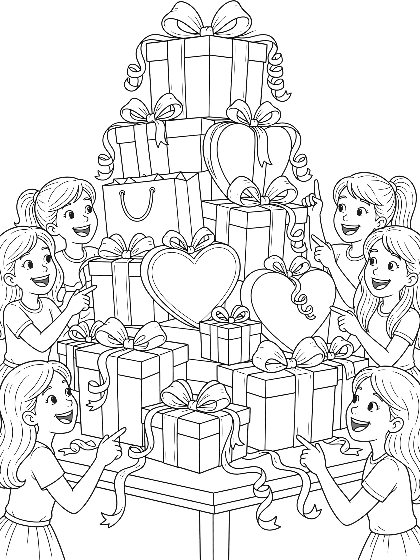 Whimsical line art coloring page showing a big overflowing stack of Sweet 16 gifts including boxes, bags, and hearts, with happy friends around a festive table.
