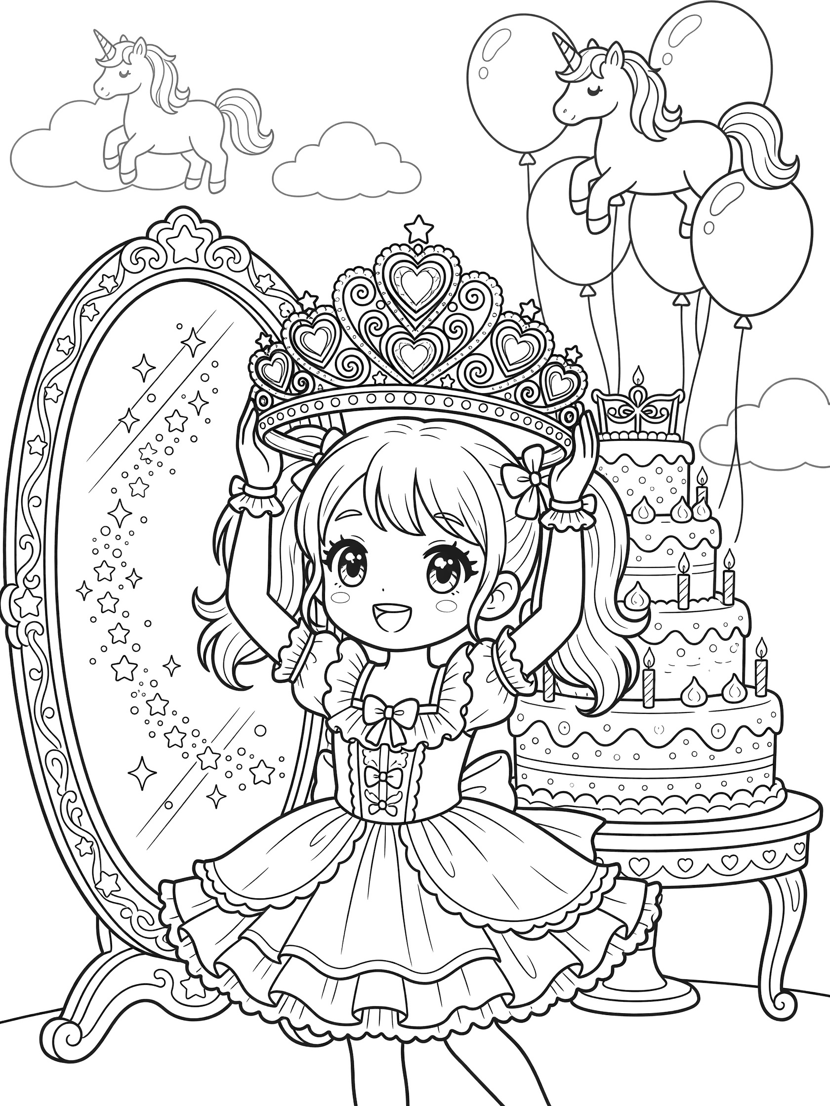 Black and white line art of a joyful kawaii tween girl in frilly dress wearing a heart-gem Sweet 16 tiara, with birthday cake, unicorn balloons, and enchanted mirror.