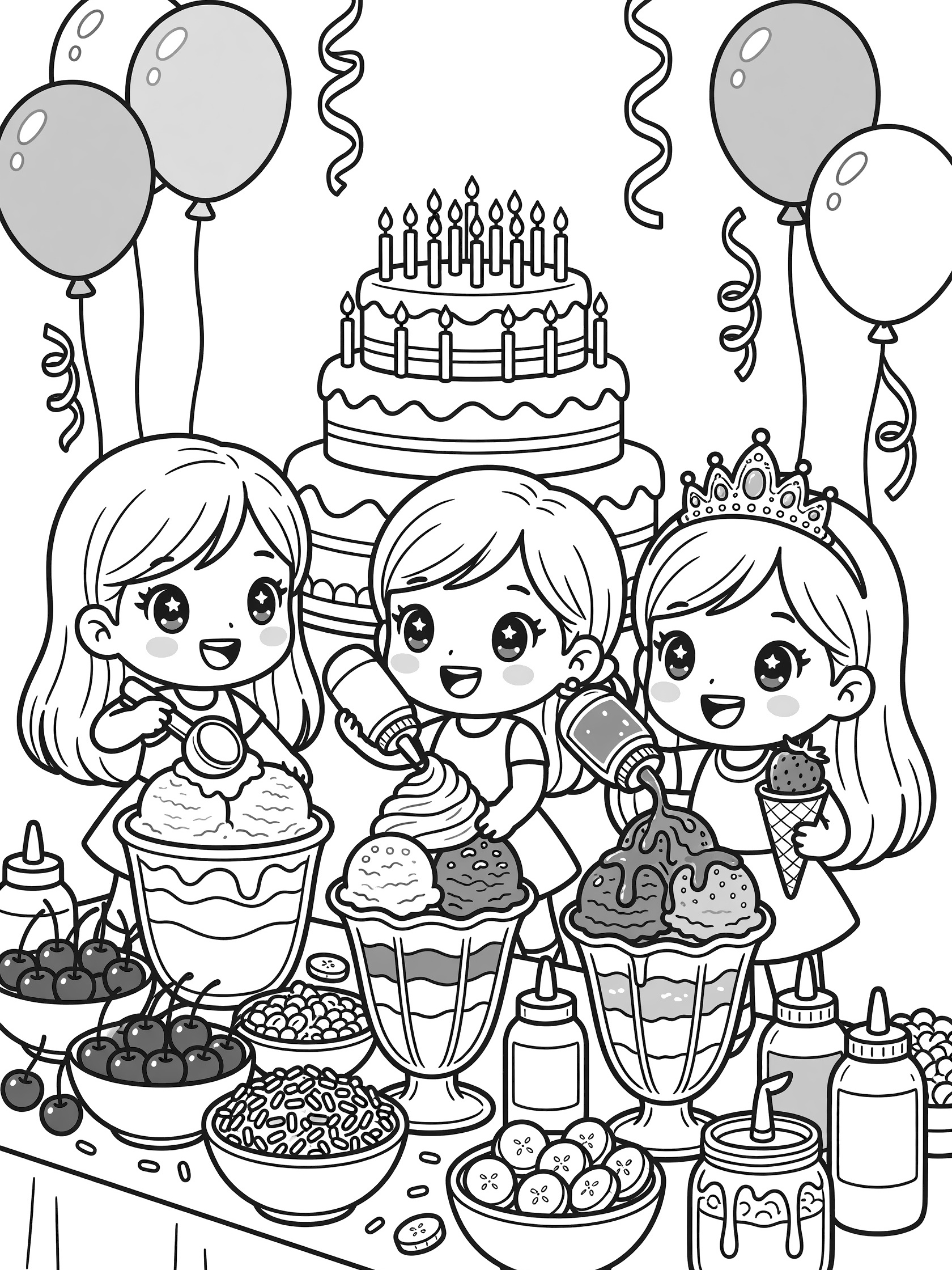 Black and white coloring page of kawaii girls at a Sweet 16 party scooping ice cream sundaes with whipped cream, syrups, and toppings on a table with birthday cake and balloons.