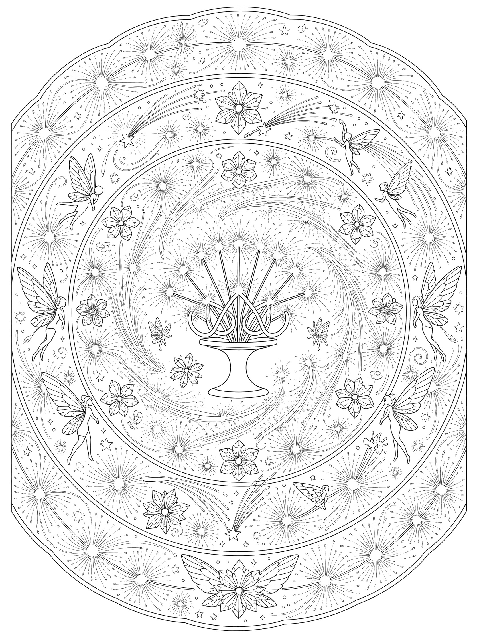 Black and white coloring page of a Sweet 16 sparkler mandala with central pedestal, intertwined sparklers, fairies, crystal flowers, and shooting stars.