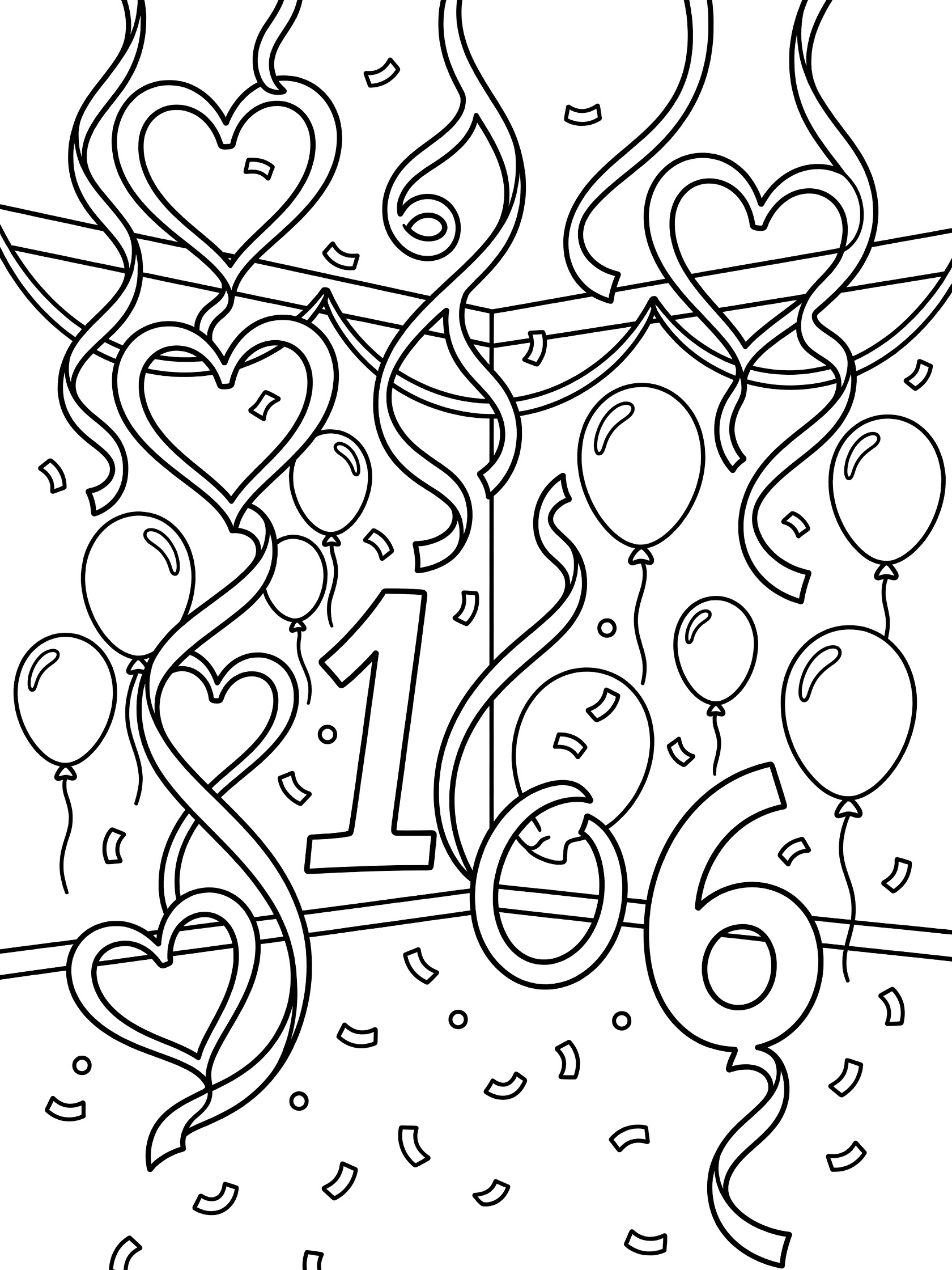 Sweet 16 coloring page with cascading twisted streamers forming hearts and numbers 1 and 6, balloons, confetti and party swags.