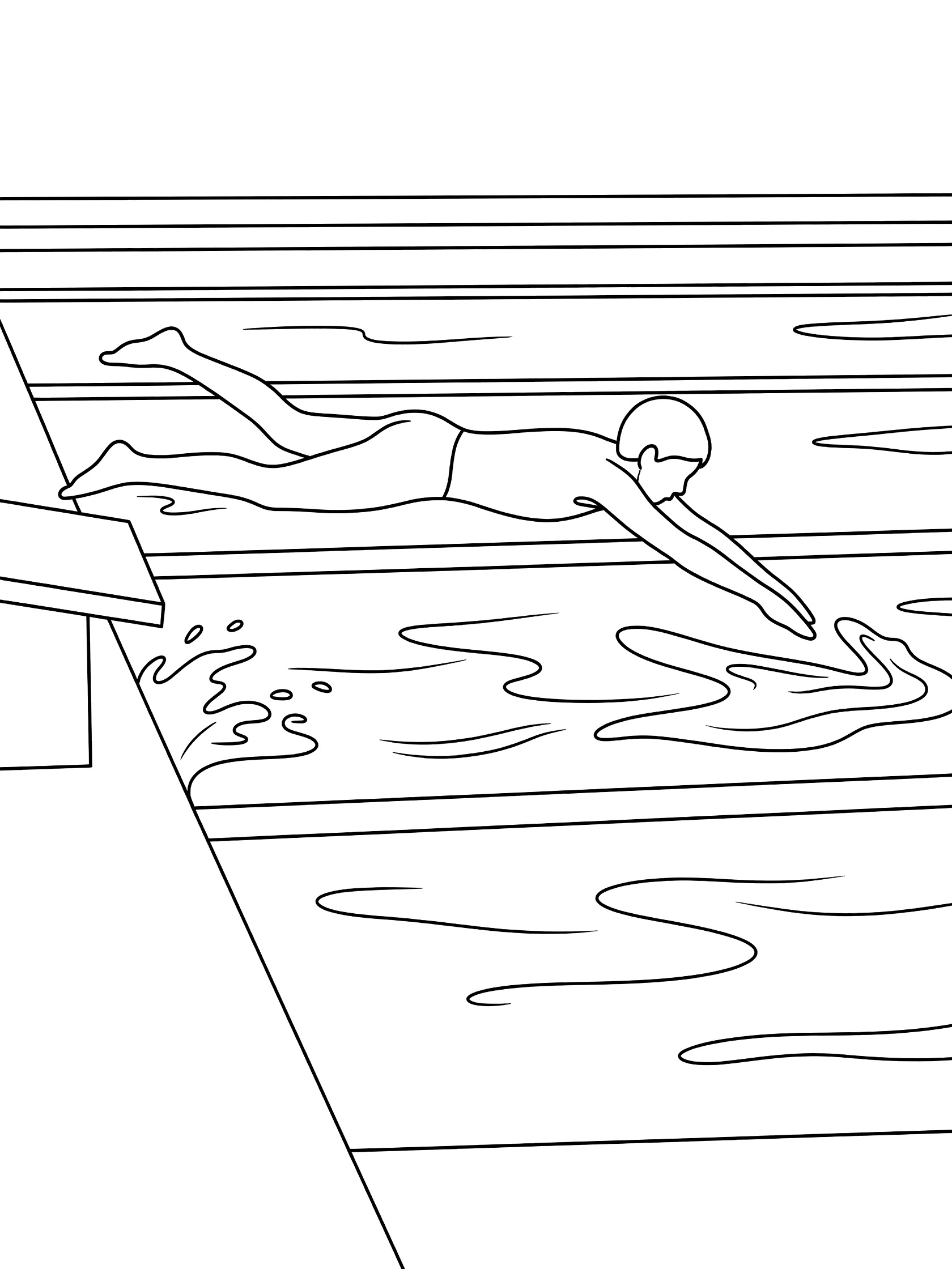 Black and white line art of swimmer in butterfly stroke diving off block into pool with water splashes and lane lines
