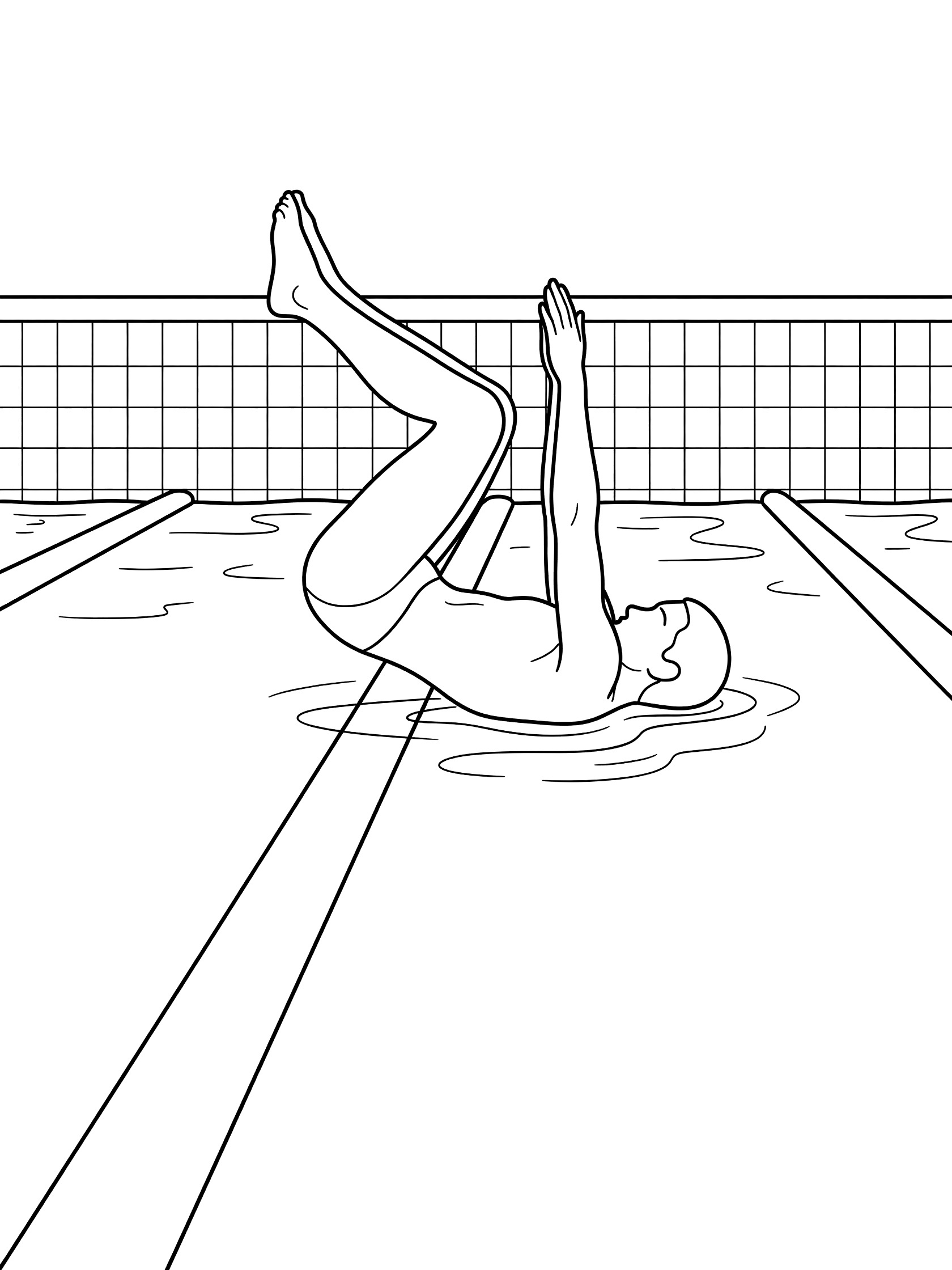 Black and white line art of a swimmer in backstroke flip turn, somersaulting on back toward pool wall with streamlined arms, tucked legs, lane lines, and water waves.