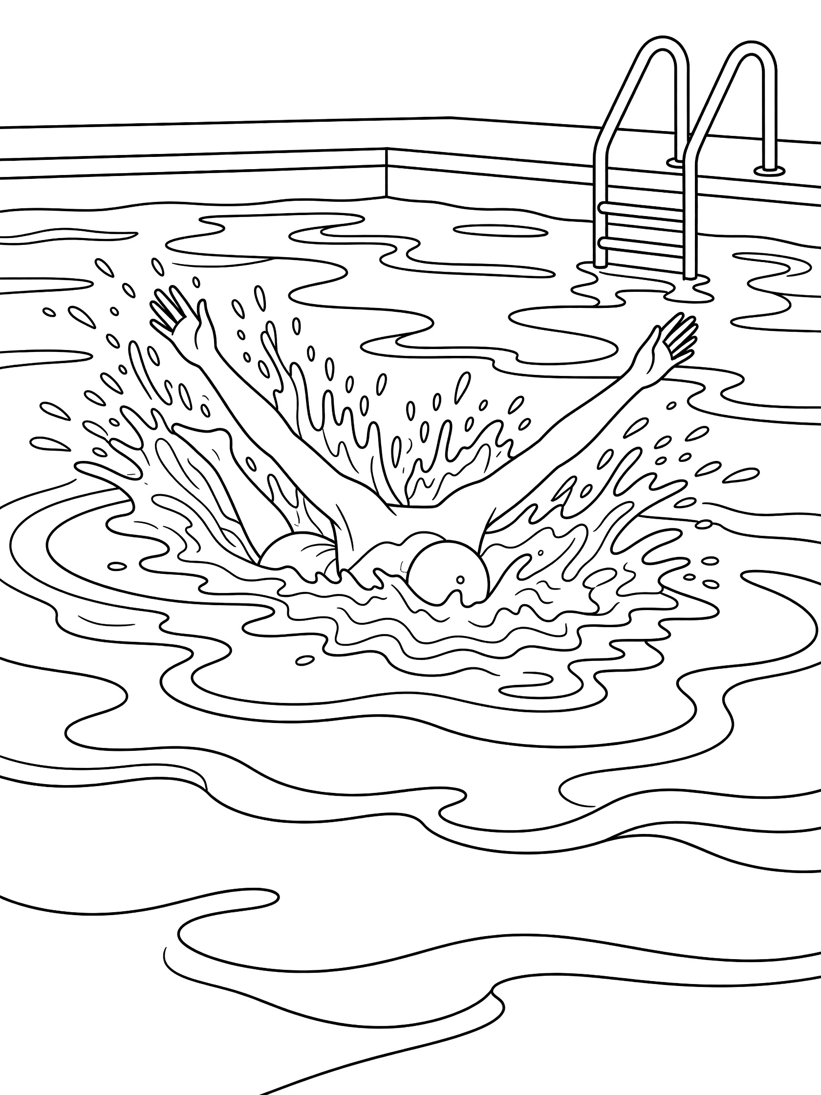 Black and white line art of swimmer performing butterfly stroke arm recovery above water surface in community pool with splashes and ladder.