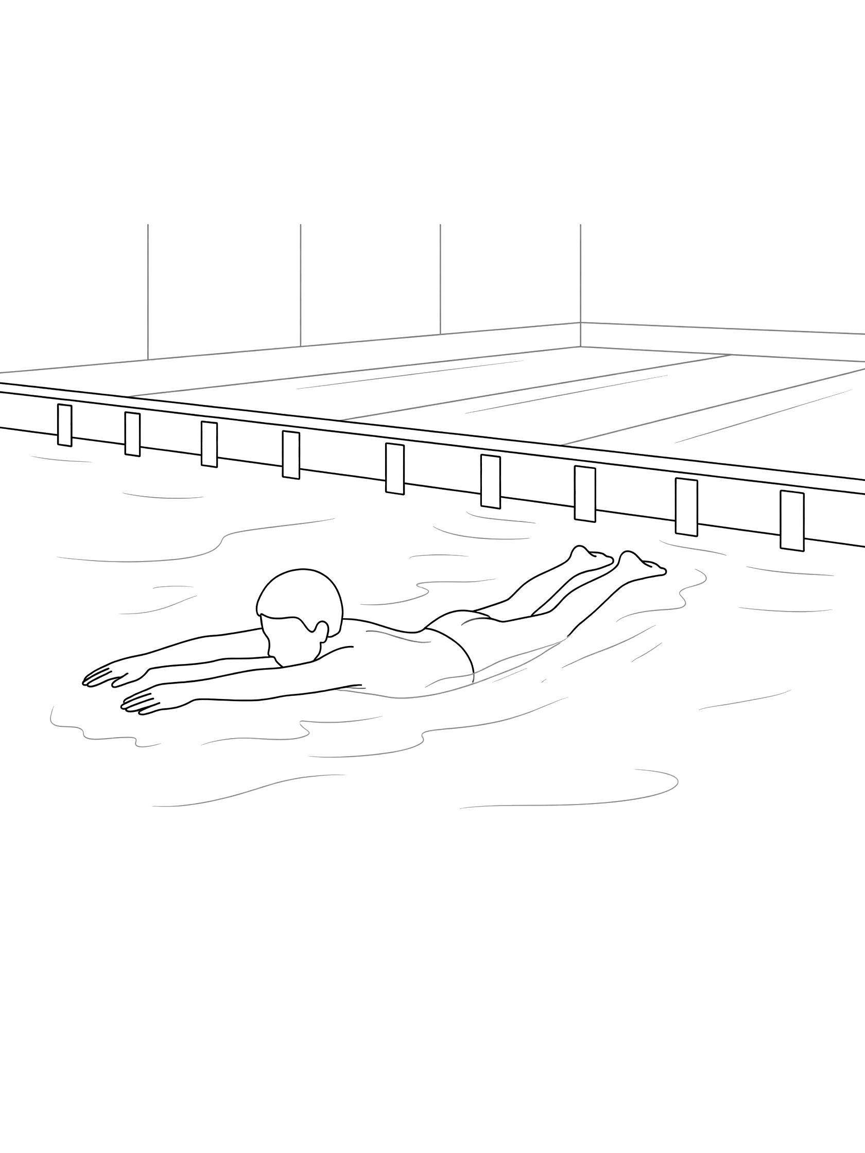 Black and white line art of swimmer in breaststroke glide position heading to pool wall, arms ahead, legs straight, water lines and pool edge visible.