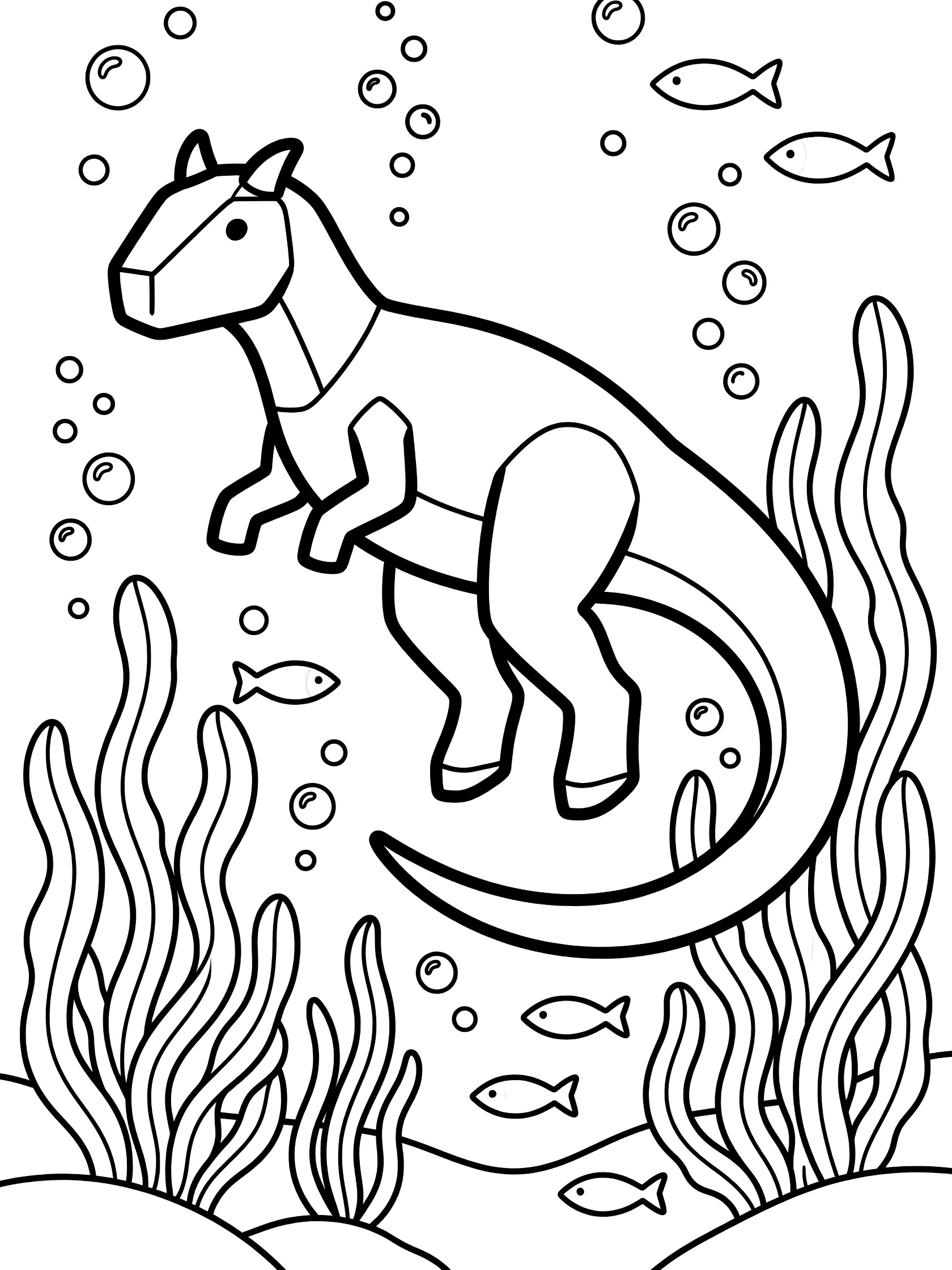 Simple line art coloring page showing a geometric Carnotaurus dinosaur paddling underwater surrounded by bubbles, fish, and wavy seaweed.