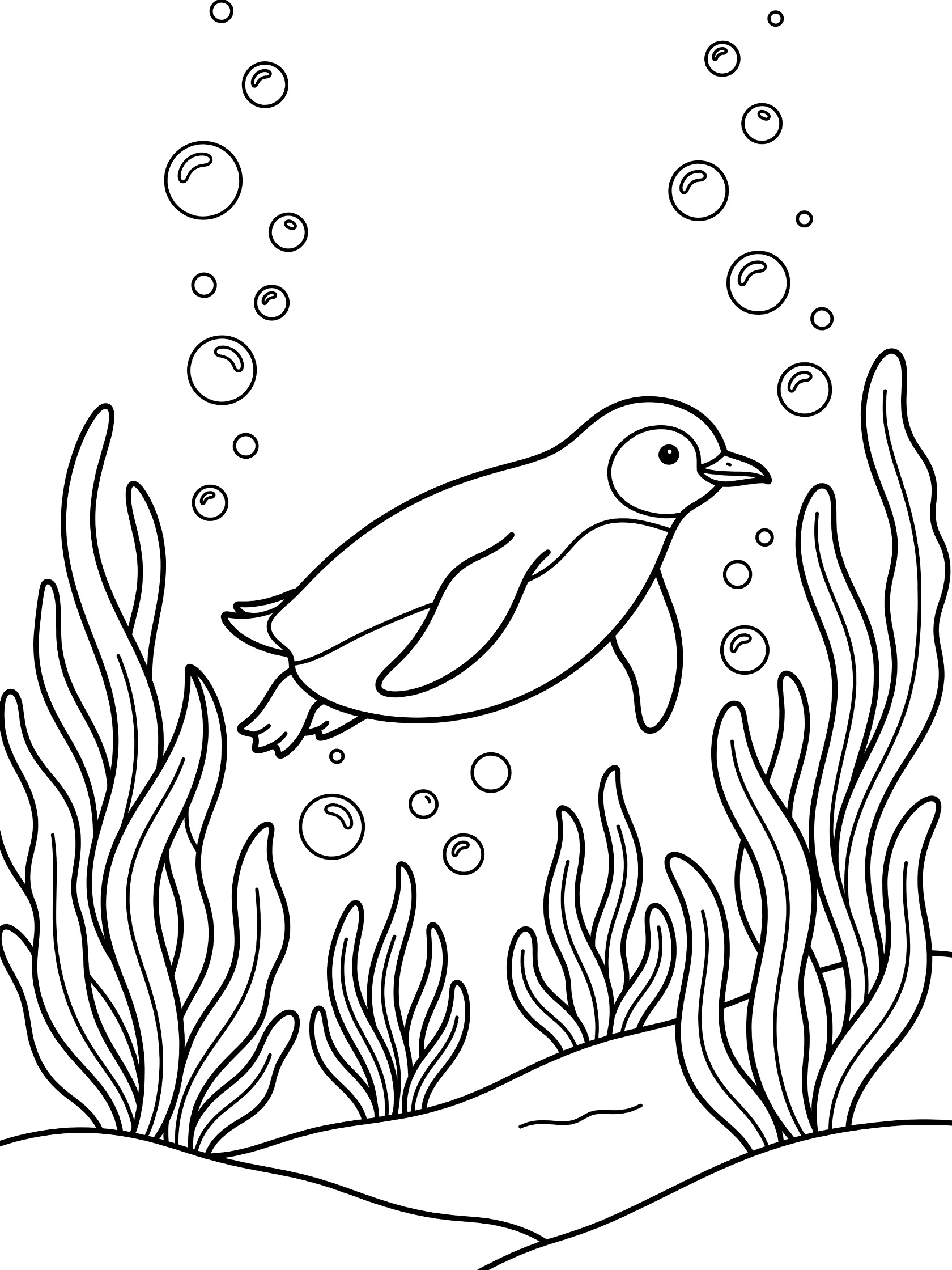 Black and white line art coloring page showing a penguin swimming with flippers out, bubbles rising, and seaweed around it.