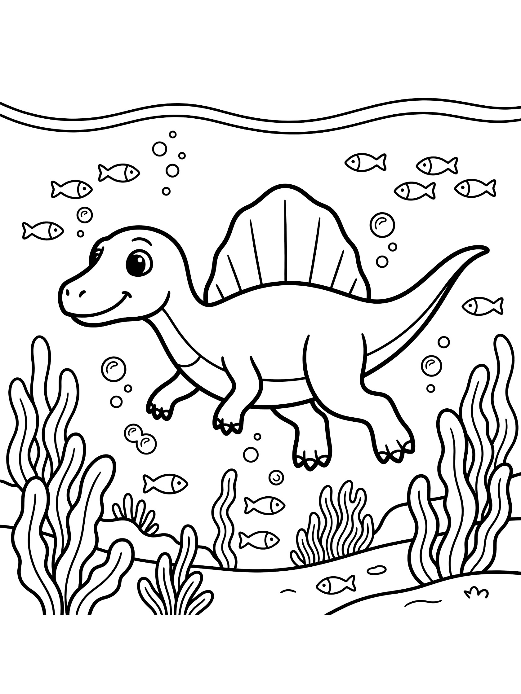 Cute cartoon Spinosaurus with big eyes and sail fin swimming underwater past fish and seaweed in a kids coloring page line art.