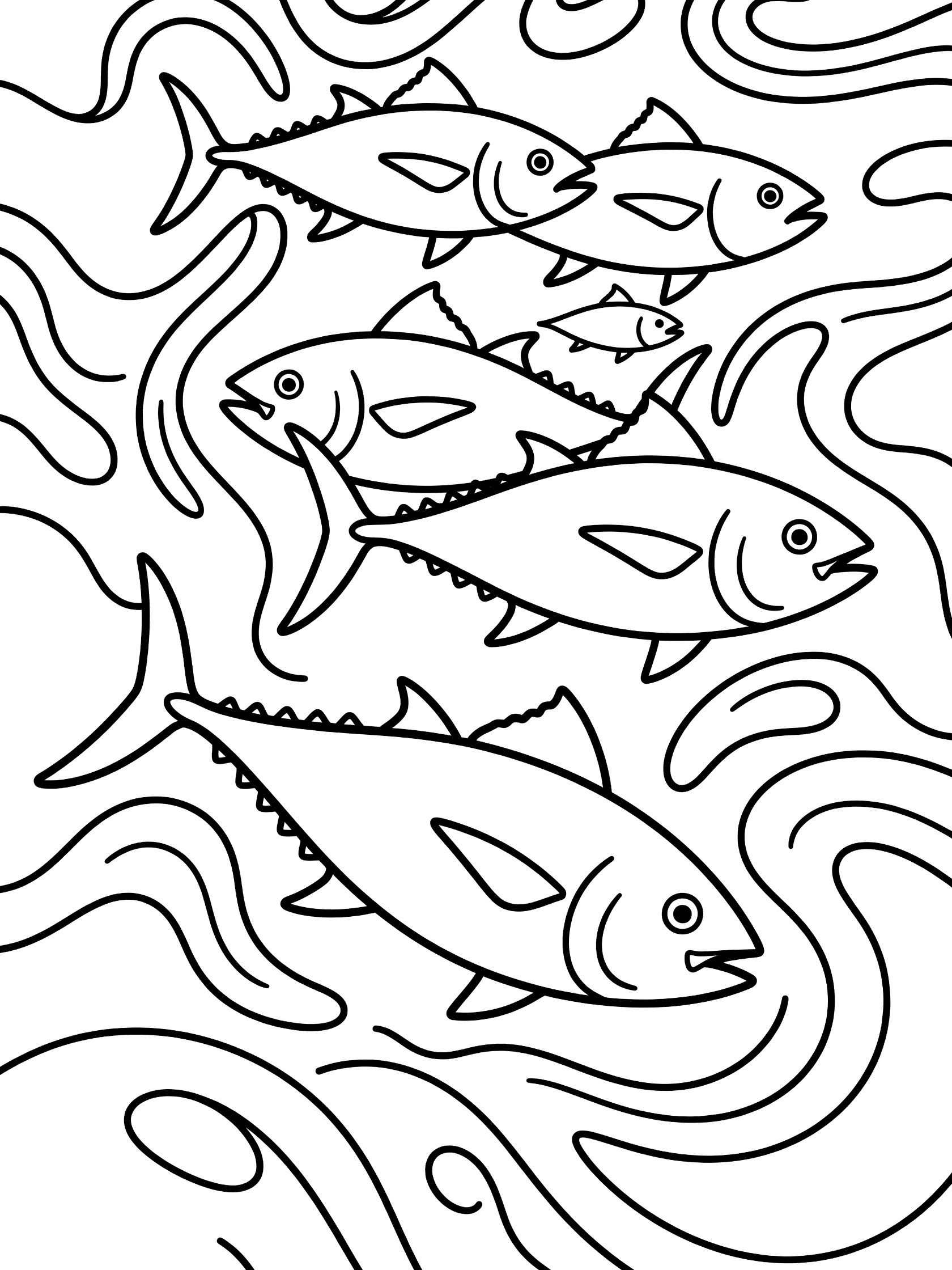 Black and white line art coloring page showing five tuna fish in a tight school formation curving through swirling sea currents.