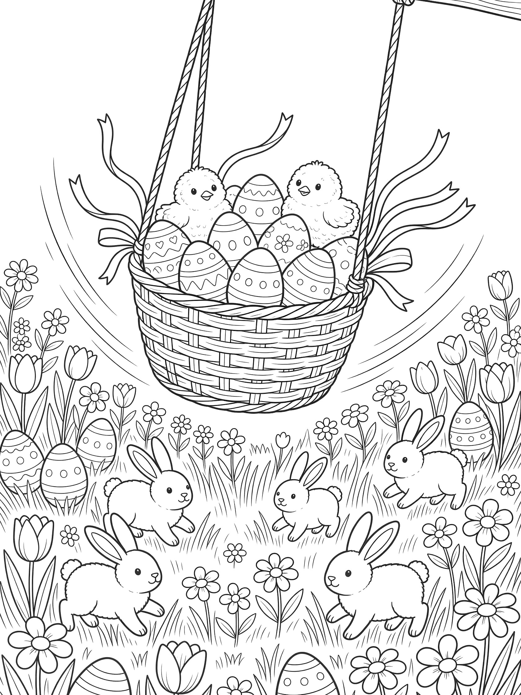 Line art coloring page showing an Easter basket swinging high from thick ropes over a sunny meadow with spring flowers, tulips, scattered eggs, hopping bunnies, fluffy chicks inside the basket, and fluttering ribbons.