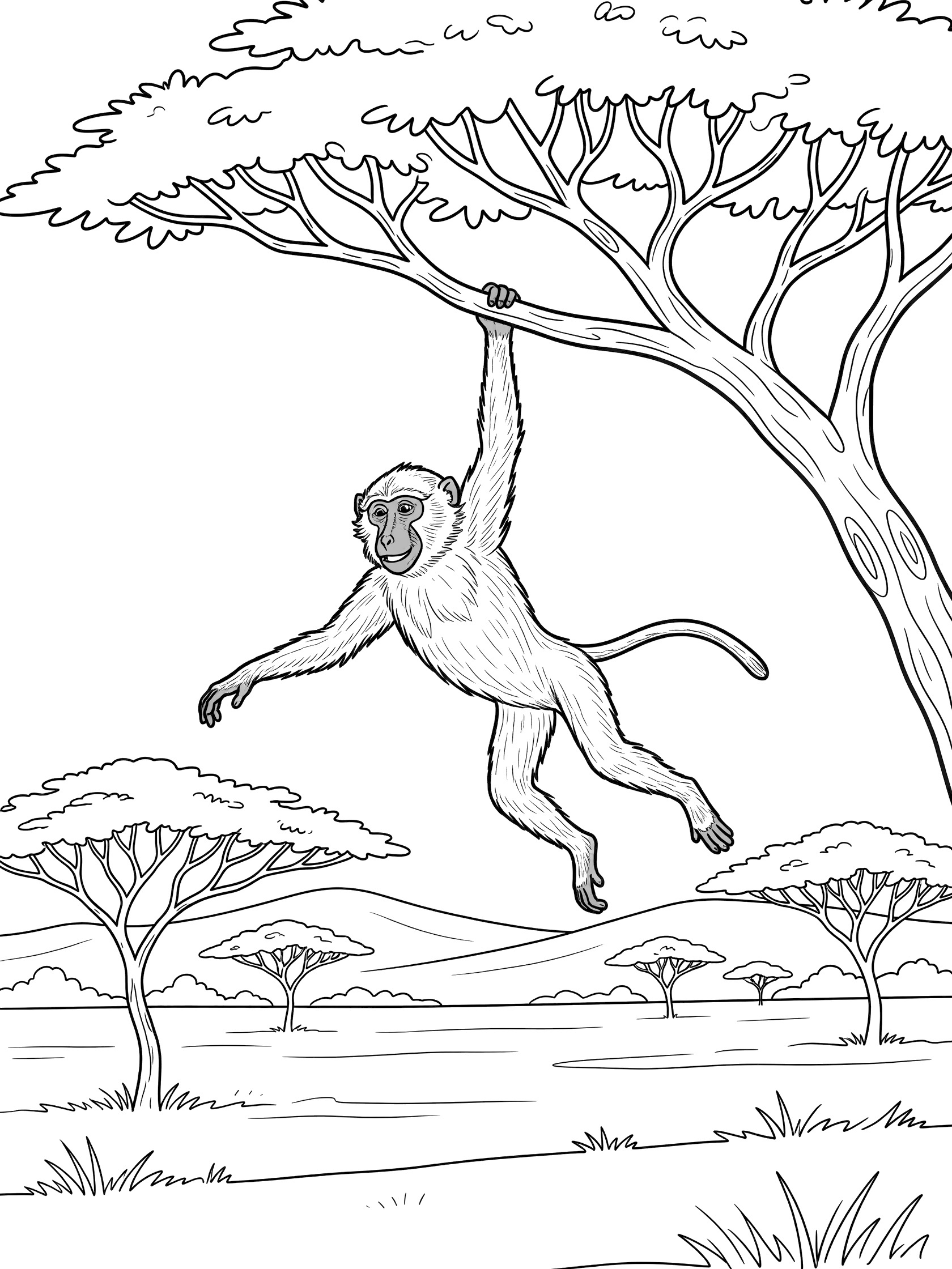 Black and white line art coloring page showing a monkey swinging from a tree branch above acacia trees and rolling hills. Baboon themed black and white printable line art
