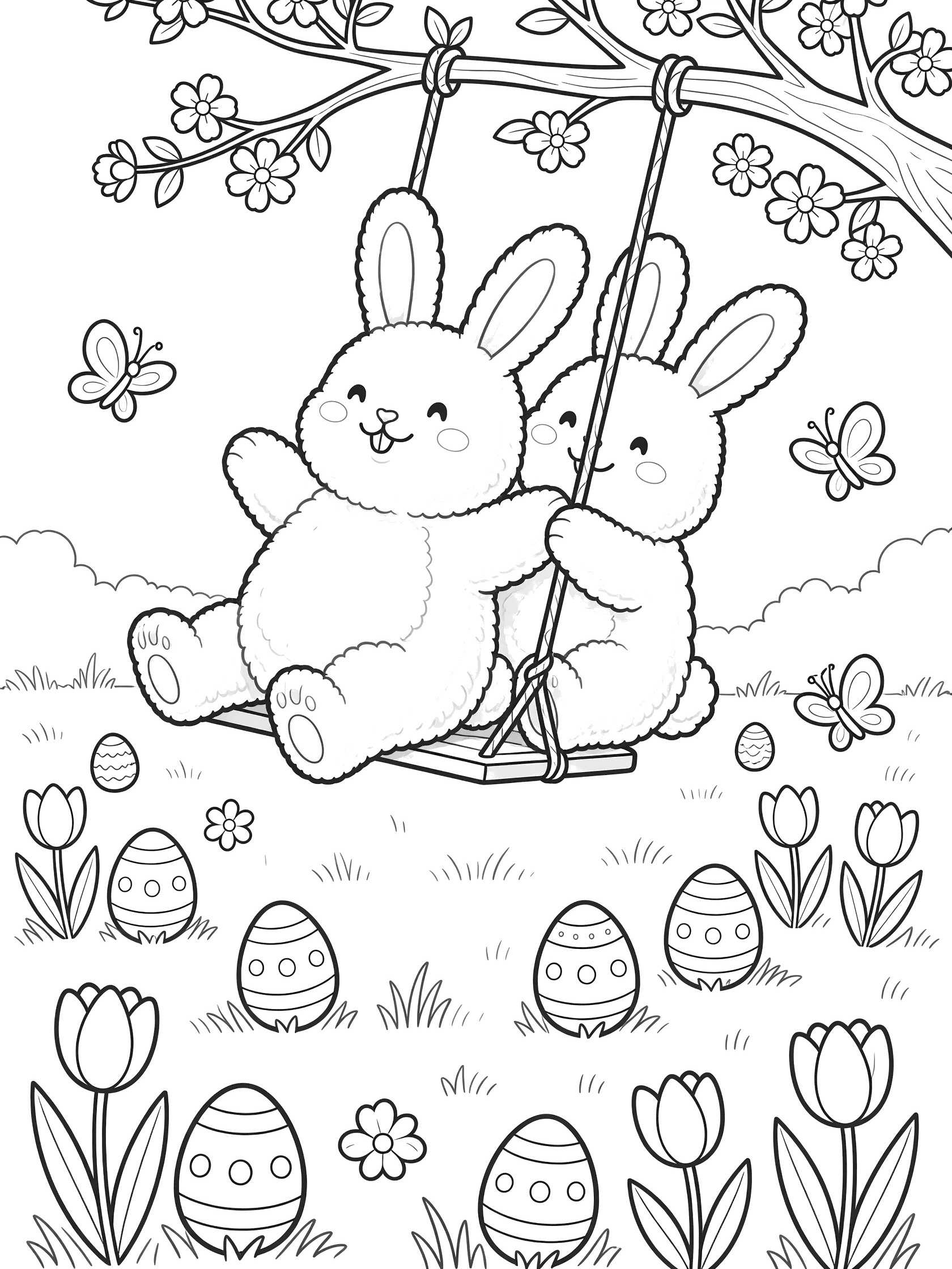 Printable coloring page showing two fluffy Peeps bunnies happily swinging together on a vine swing in an Easter meadow with eggs, flowers and butterflies.