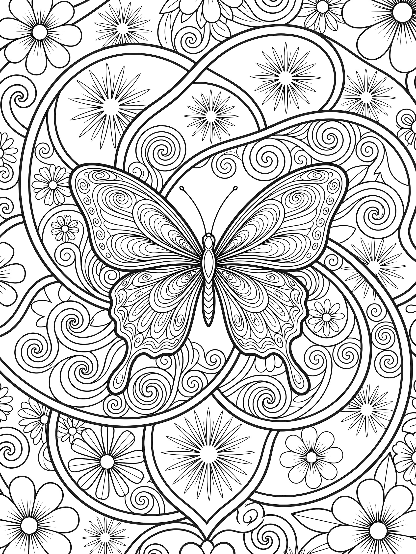 Black and white line art of a swirling butterfly mandala with symmetrical wings, curling vines, blooming flowers, and starry bursts for easy coloring.