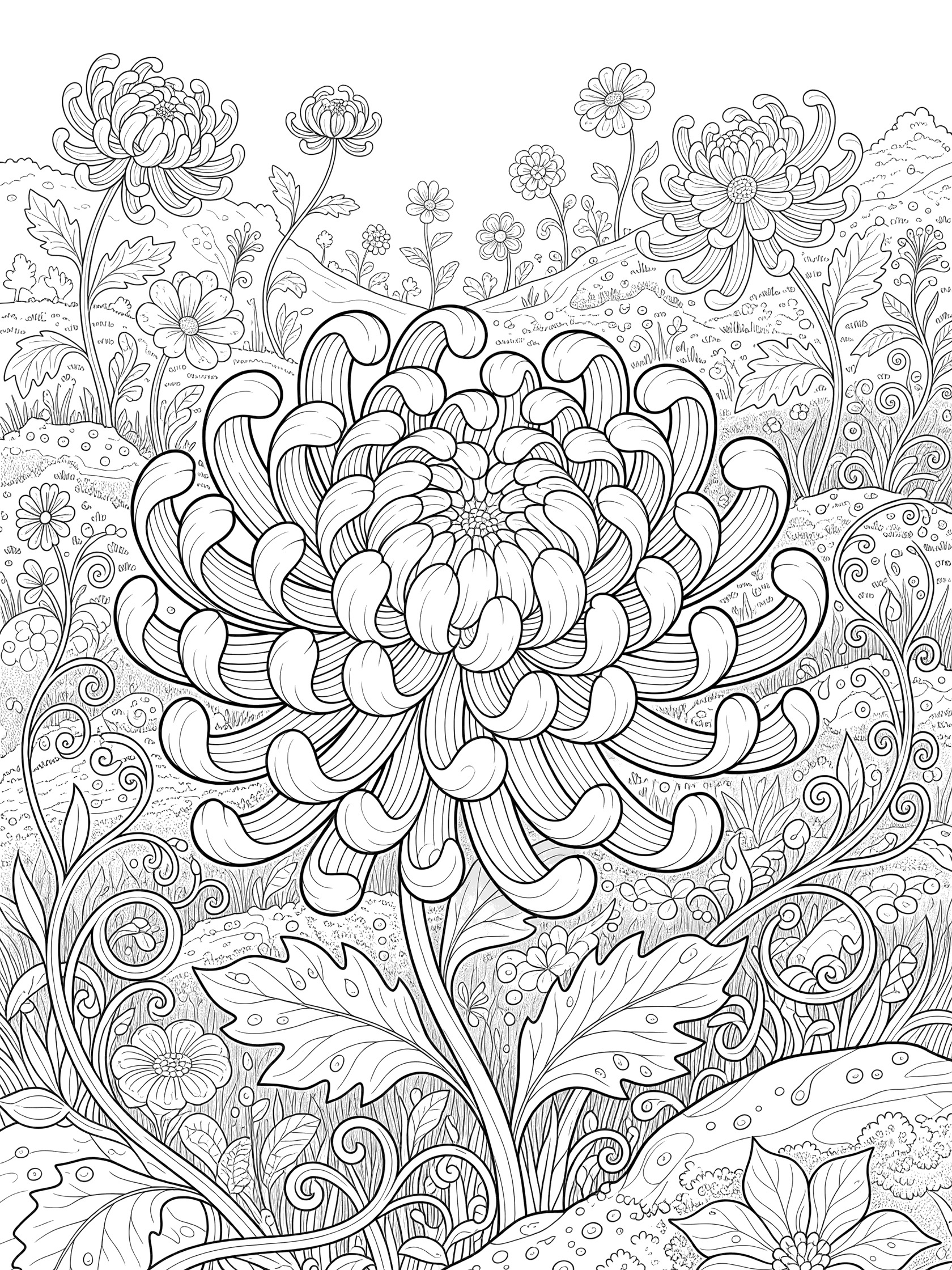 Detailed line art coloring page featuring a massive central swirling chrysanthemum flower surrounded by vines, leaves, rocks, and smaller flowers in a whimsical meadow scene.