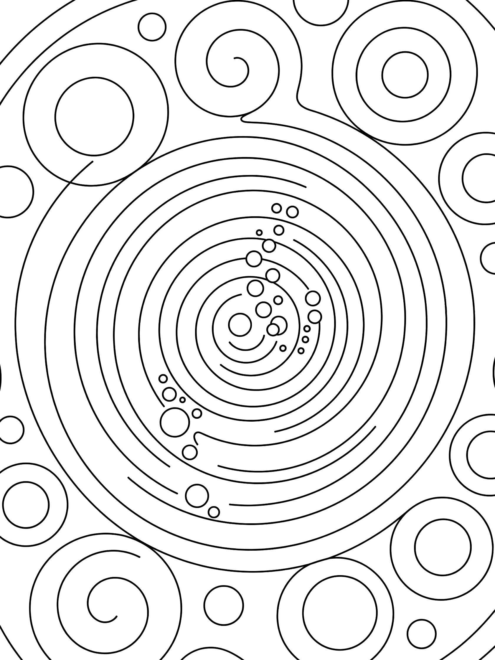 Black and white line art coloring page of swirling circles in a spiral whirlpool pattern with small bubble circles from the center.