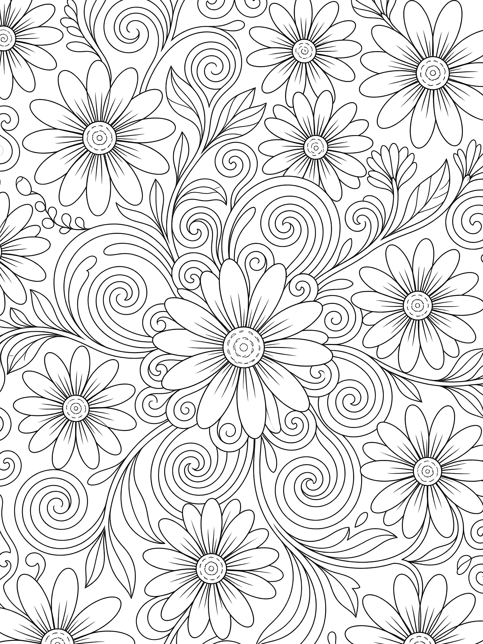 Black and white line art of a swirling Daisy Mandala with curling daisy petals, twisting vines, leaves, and buds in a symmetrical pattern.