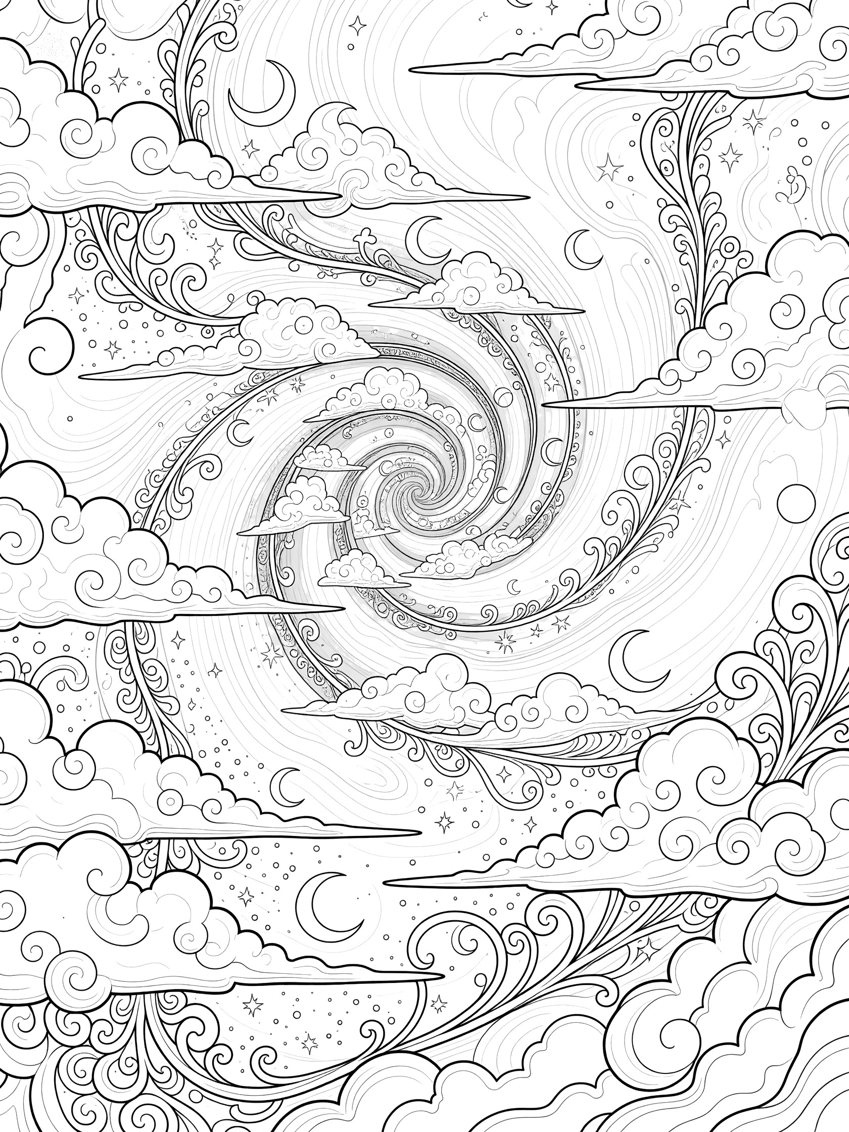 Zentangle-inspired coloring page with swirling fantasy clouds twisting from a central vortex, mixed with stars, crescent moons, and curly tendrils on white background