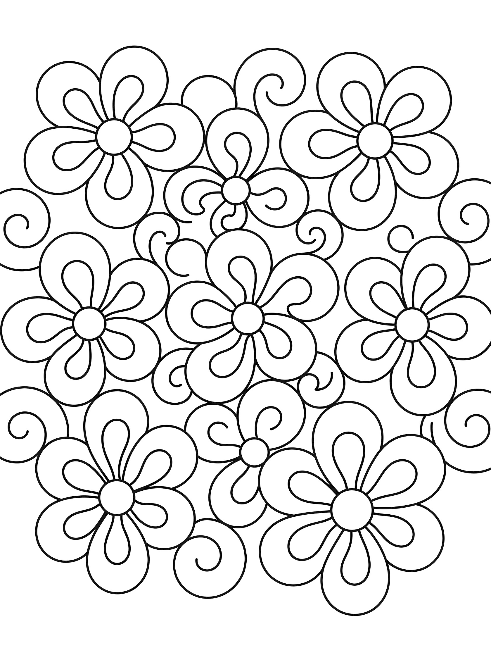 Black and white line art coloring page showing a bouquet of swirling flowers with rounded petals, loops, and curls in a symmetrical cluster on white background.