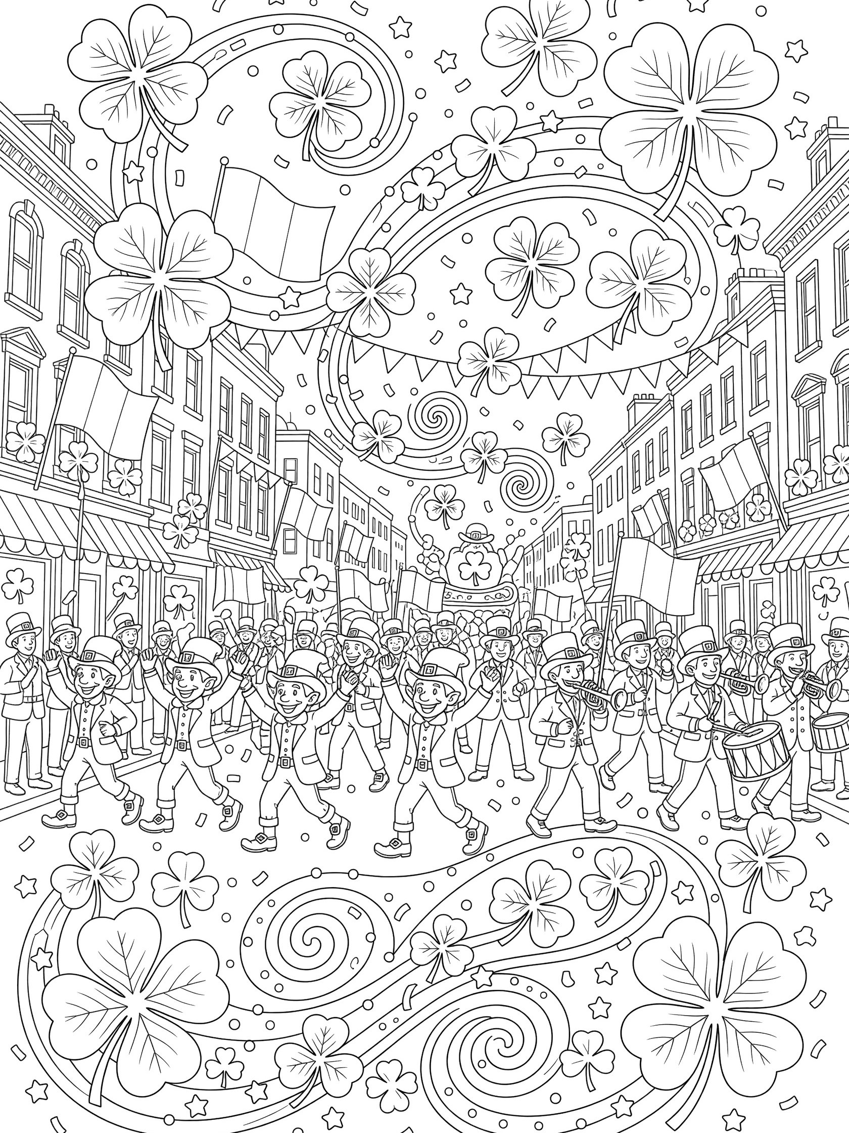 Black and white coloring page of four-leaf clovers swirling in the wind along a St. Patrick's Day parade street with marchers, Irish flags, banners and confetti.