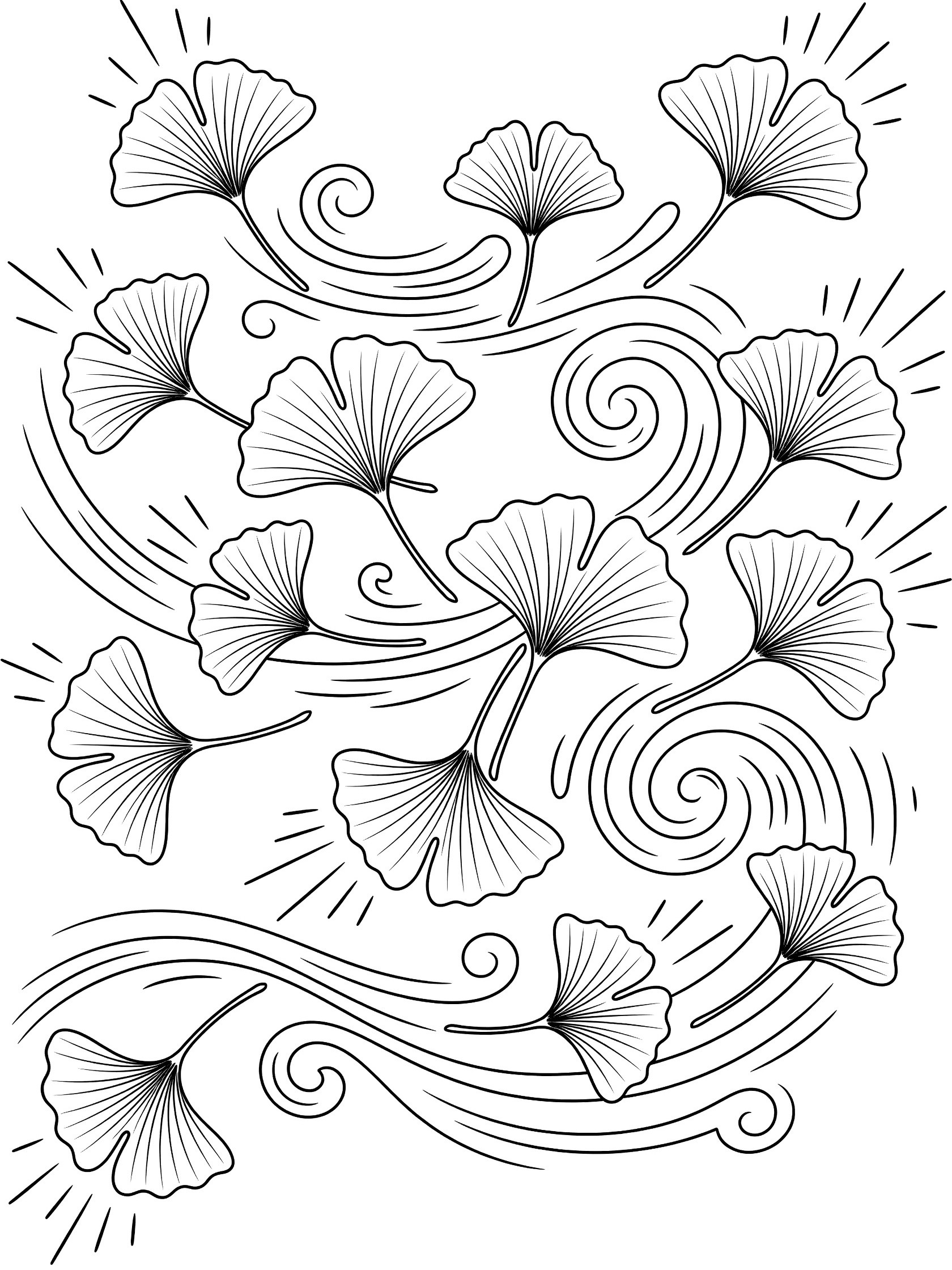 Black and white line art coloring page showing many fan-shaped ginkgo leaves swirling in wind with curved lines and dynamic motion streaks on white background. Ginkgo Leaf themed black and white printable line art