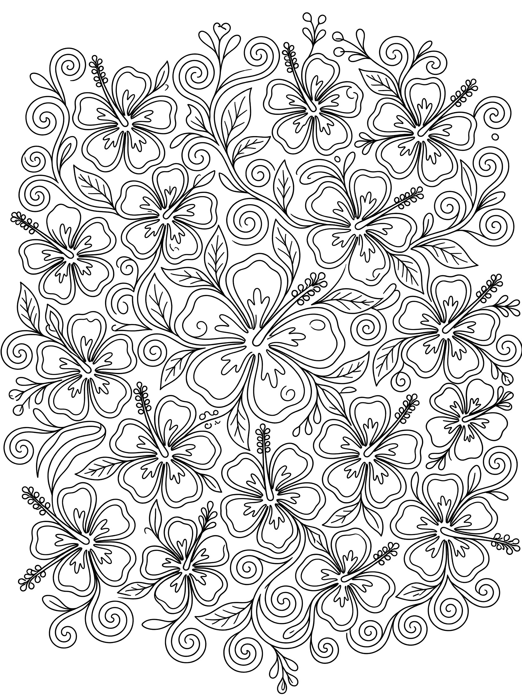 Black and white line art of a swirling hibiscus mandala with central flower, petals, leaves, vines, and swirling blooms for coloring.