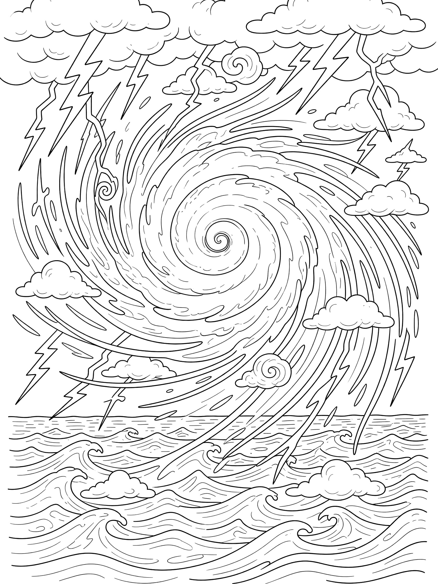 Black and white line art coloring page showing a massive swirling hurricane cloud over the ocean with lightning bolts flashing around the edges and wavy sea waves below