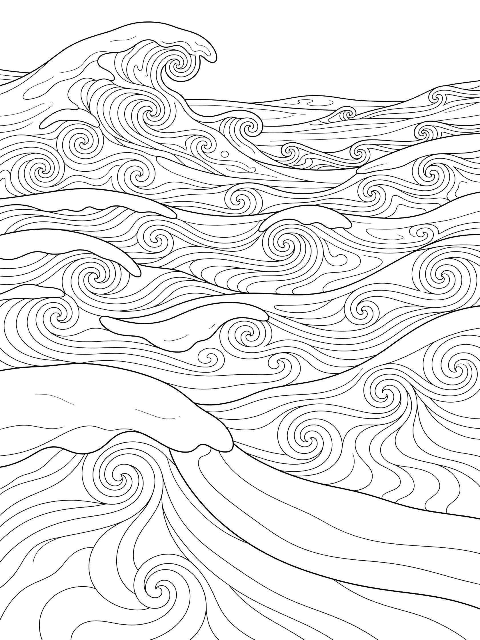 Black and white coloring page of swirling ocean waves with curling crests and foamy patterns. Blizzard themed black and white printable line art