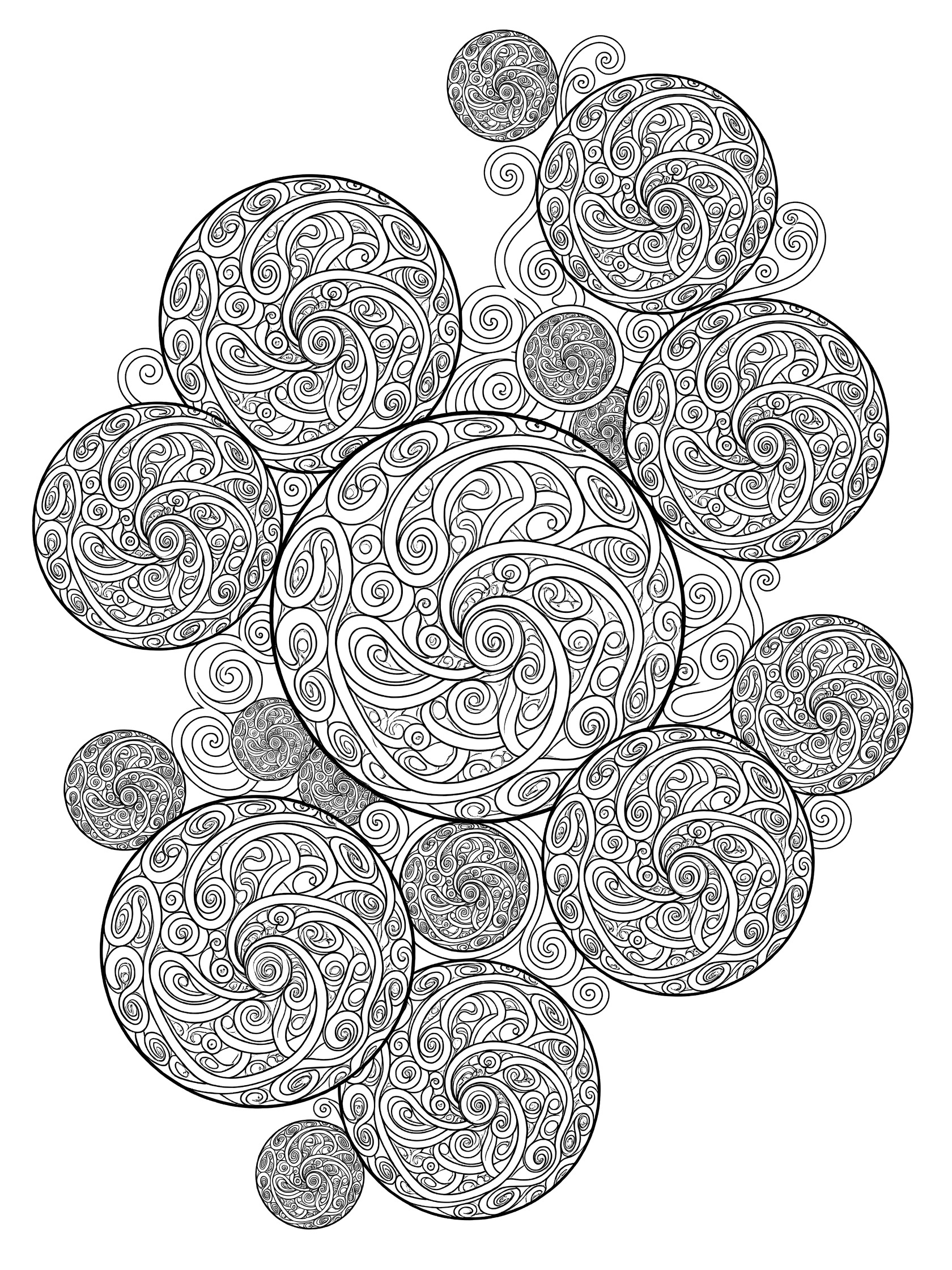 Black and white printable coloring page of a cluster of swirling orbs with zentangle patterns, featuring large orbs containing smaller nested orbs and swirling lines.