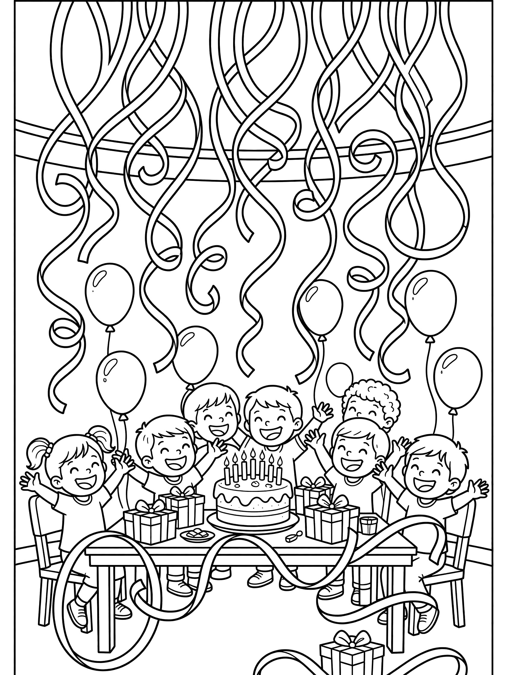 Cute cartoon coloring page showing swirling party streamers cascading over a group of happy kids laughing at a birthday table with cake, balloons and gifts.
