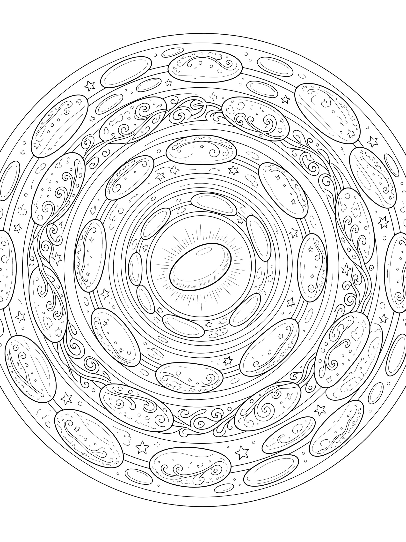 Black and white line art of a swirling pebble mandala coloring page featuring rounded pebbles in symmetric rings around a central core with starry motifs and vines.