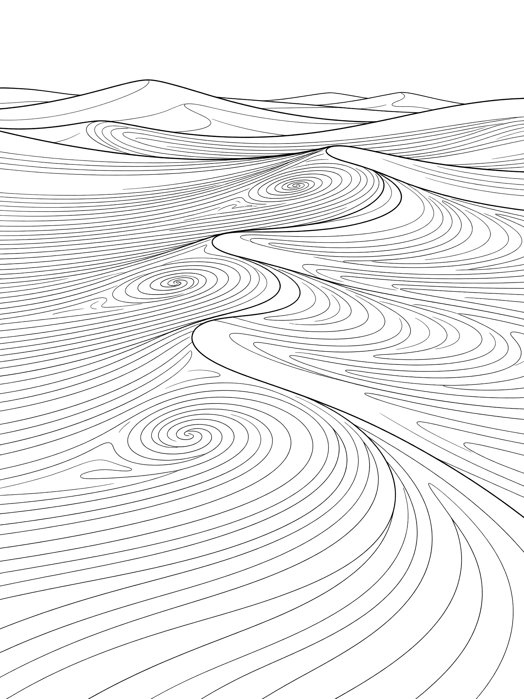 Black and white line art coloring page of sand dunes with geometric swirling sand patterns and ridges formed by wind