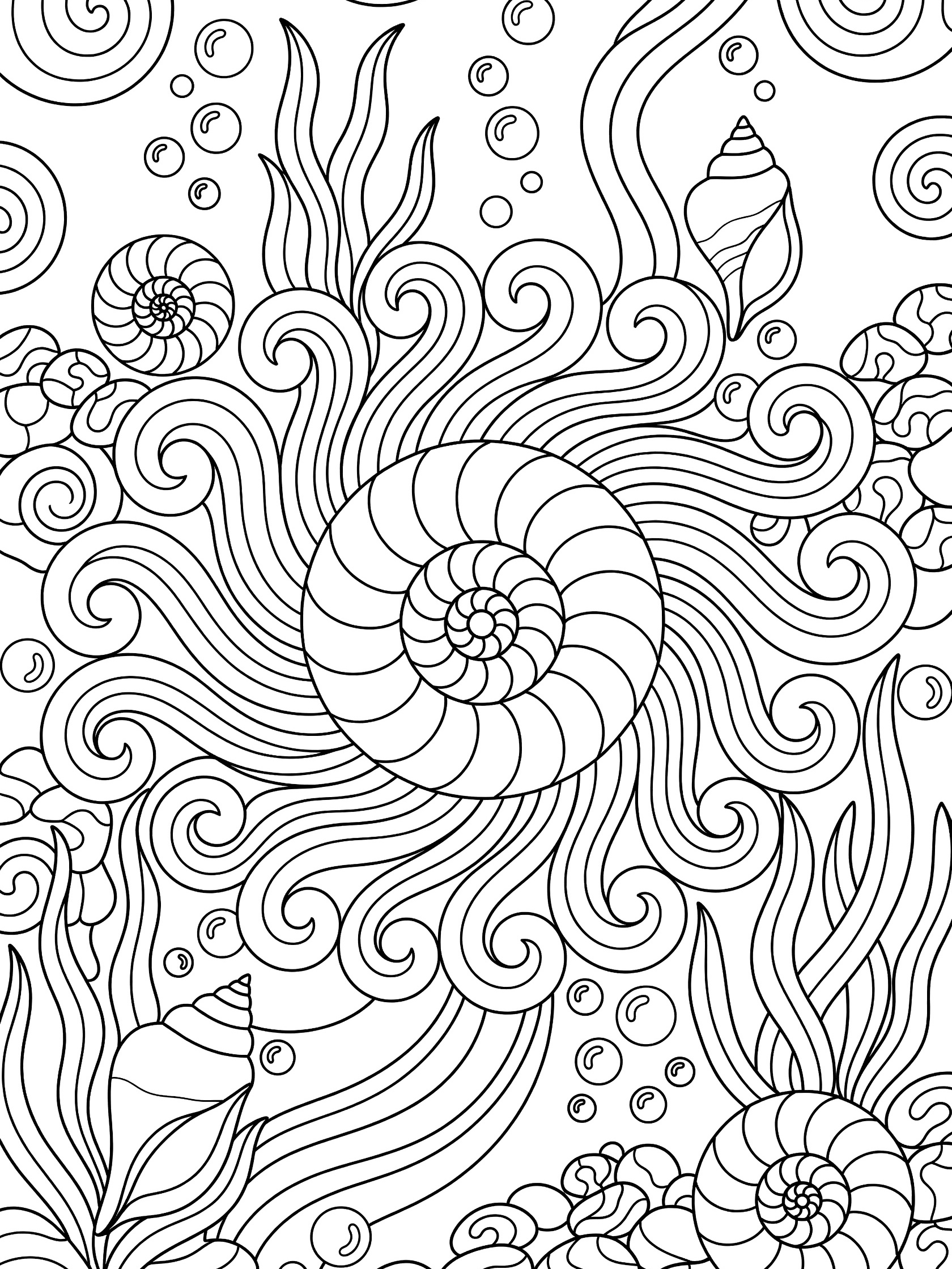 Black and white line art coloring page with swirl seashell spirals forming a mandala pattern, central nautilus shell, curling waves, bubbles, kelp strands, and smaller conch shells in underwater theme.