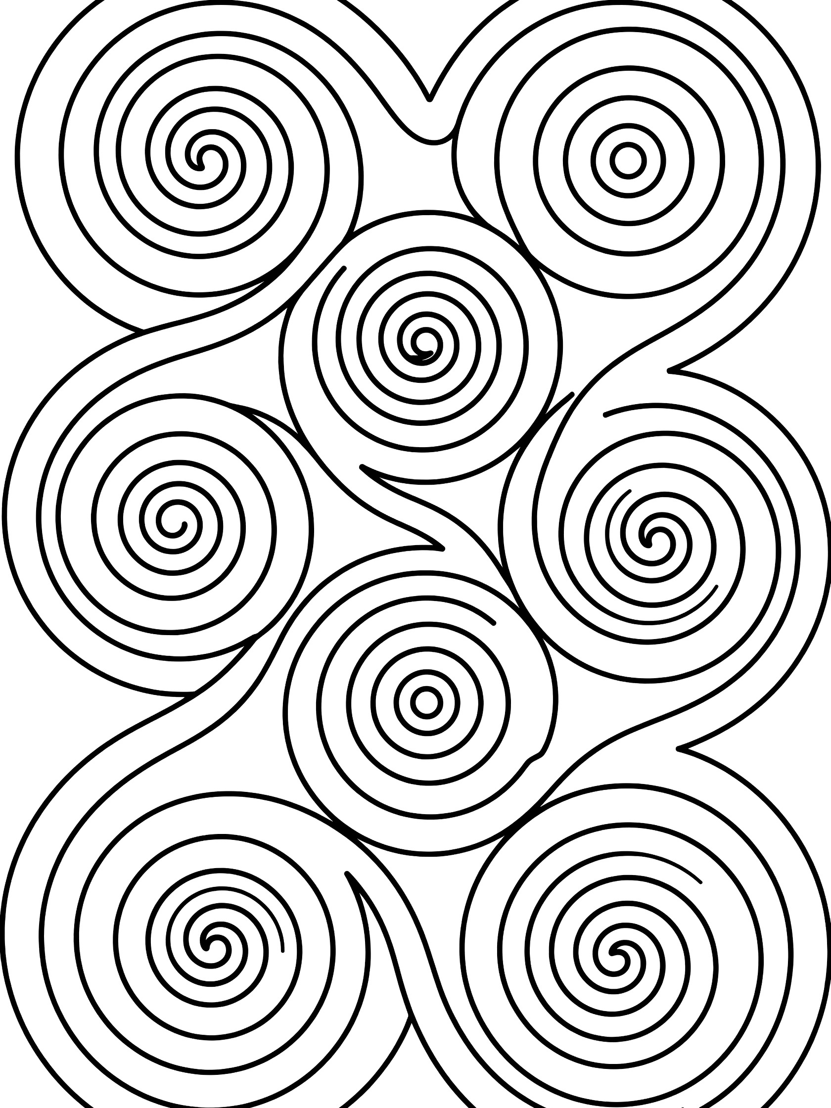 Black and white coloring page of overlapping swirling spirals made with thick bold black lines on white background