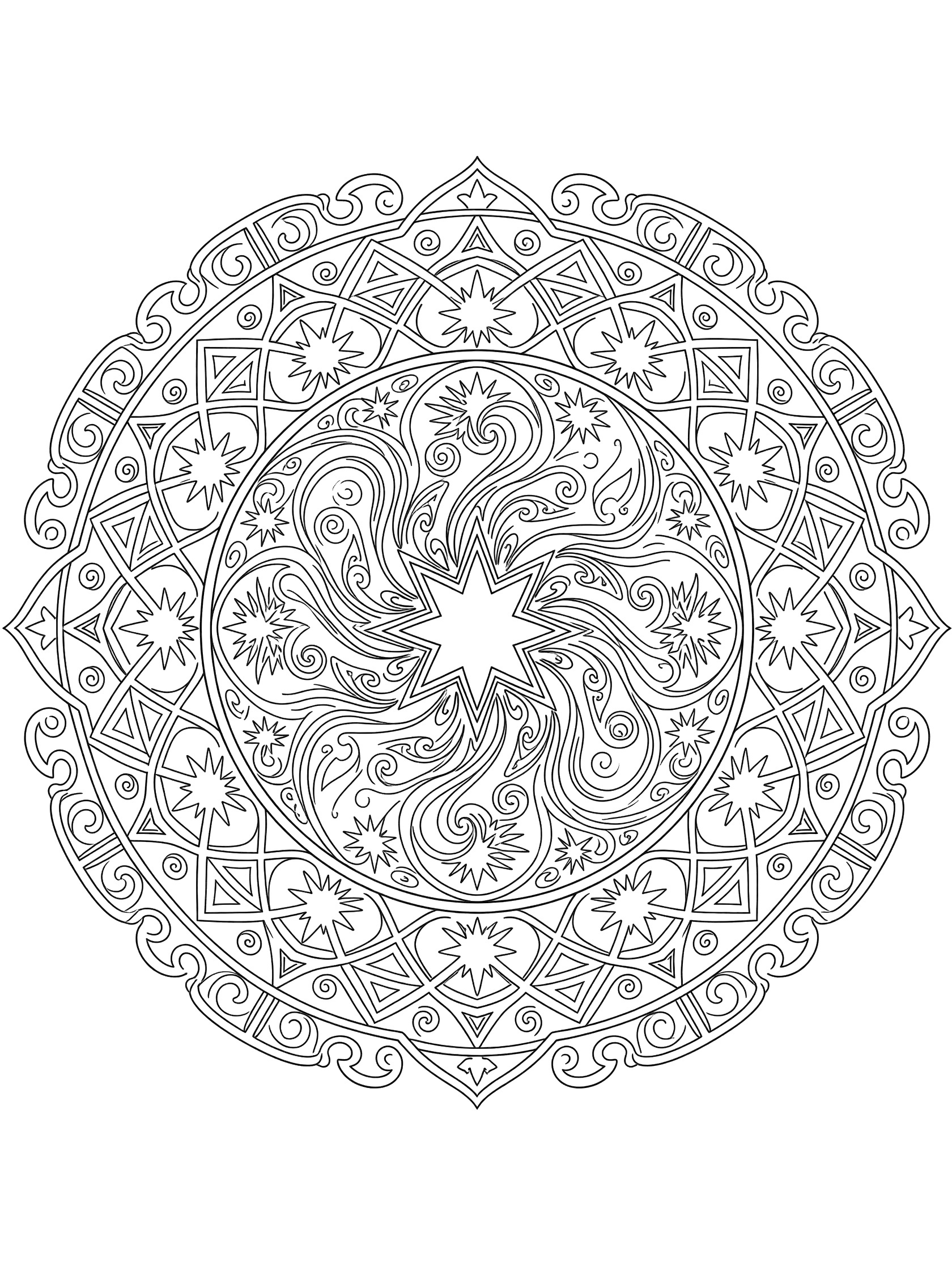 Black and white line art of a symmetrical swirling star mandala coloring page featuring a central star with thick swirling arms and layered patterns.