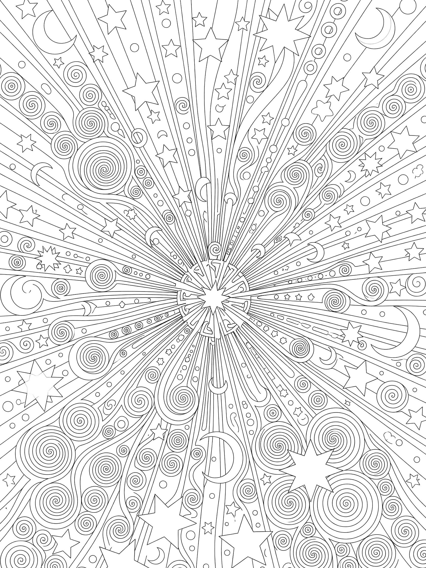 Detailed line art coloring page featuring swirl starburst patterns with interlocking stars, crescent moons, and tight spirals exploding from the center in a geometric zentangle design.