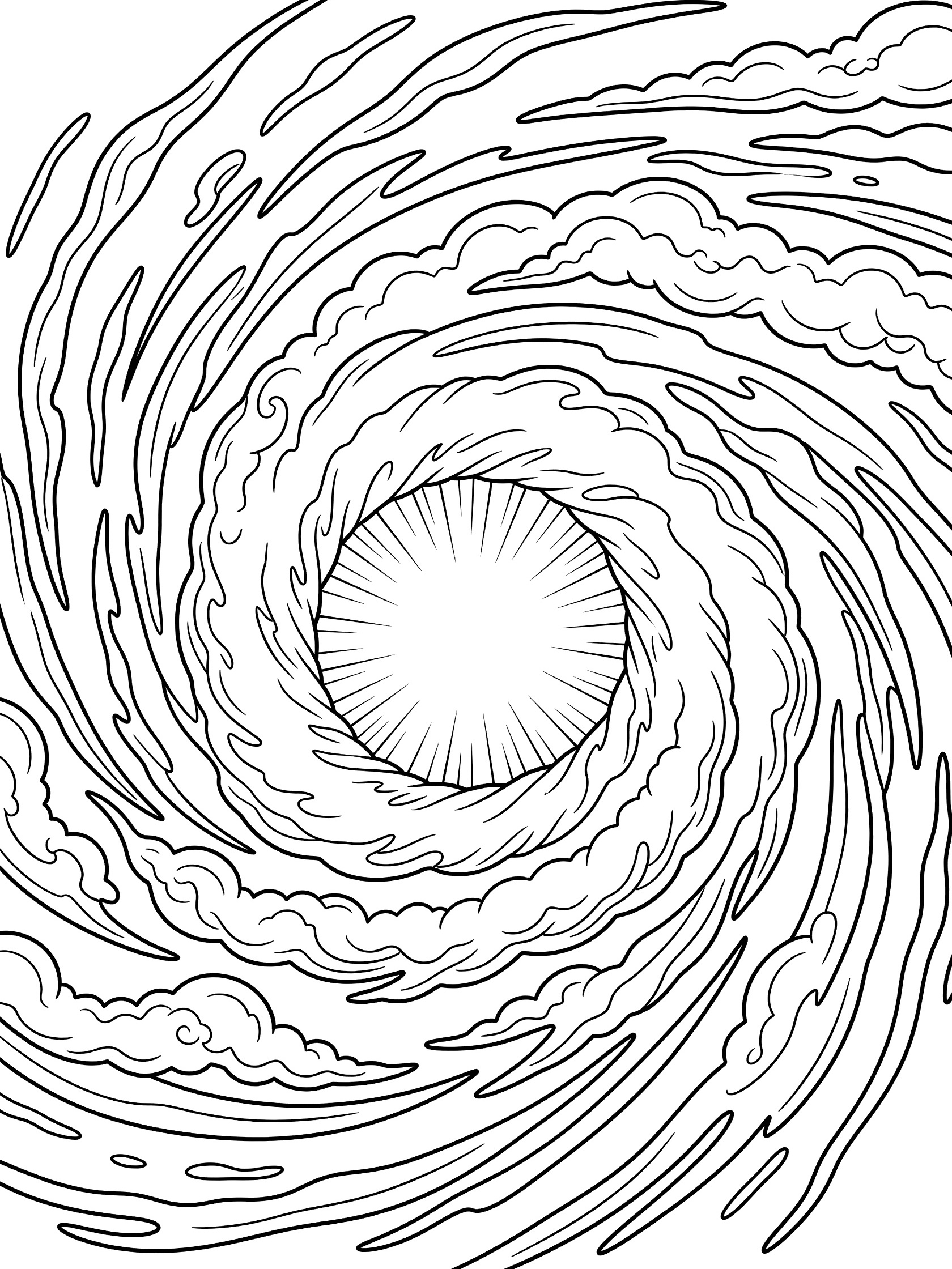 Black and white line art coloring page of a swirling tornado with calm circular eye in the center and surrounding cloud walls with sun rays. Hurricane themed black and white printable line art