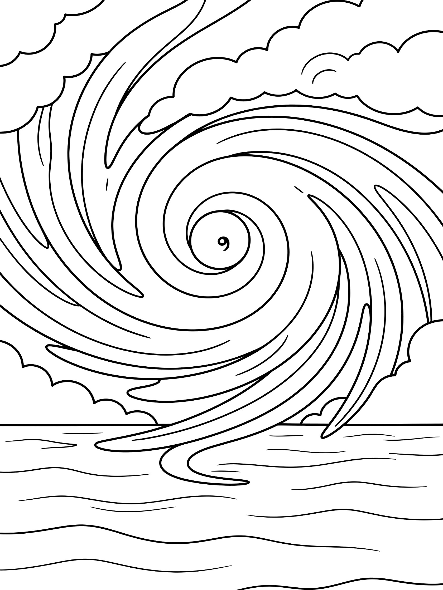 Black and white line art coloring page showing a large spiral tornado cloud formation twisting over gentle ocean waves. Hurricane themed black and white printable line art