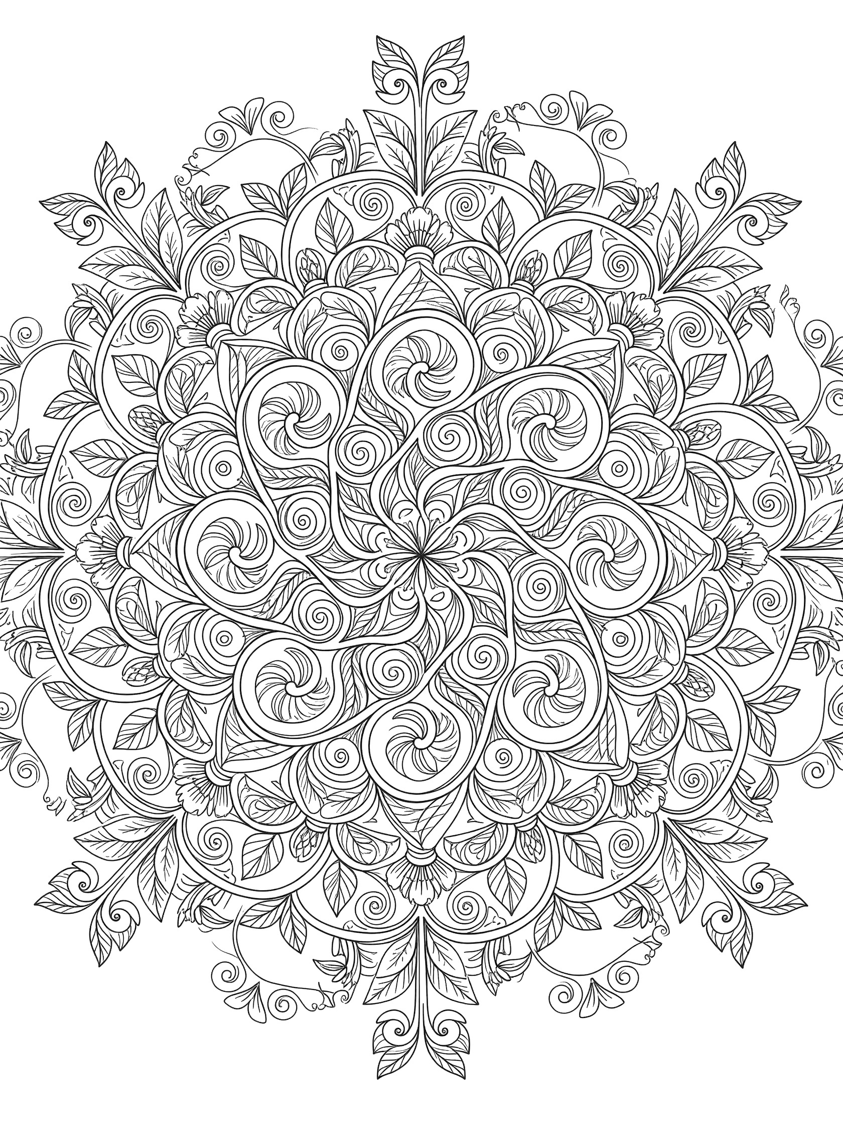Black and white line art of a swirl vine mandala with curling vines, layered leaves, budding flowers, and tendrils in zentangle style.