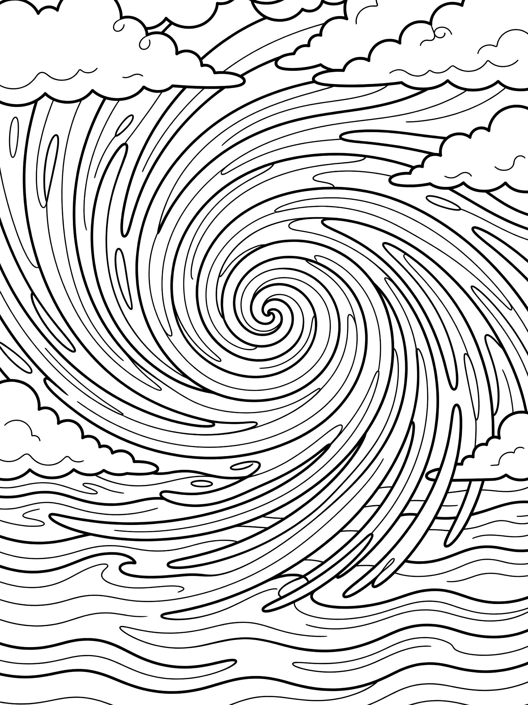 Black and white line art coloring page showing a tall swirling waterspout funnel over wavy ocean waves with fluffy clouds around it. Hurricane themed black and white printable line art