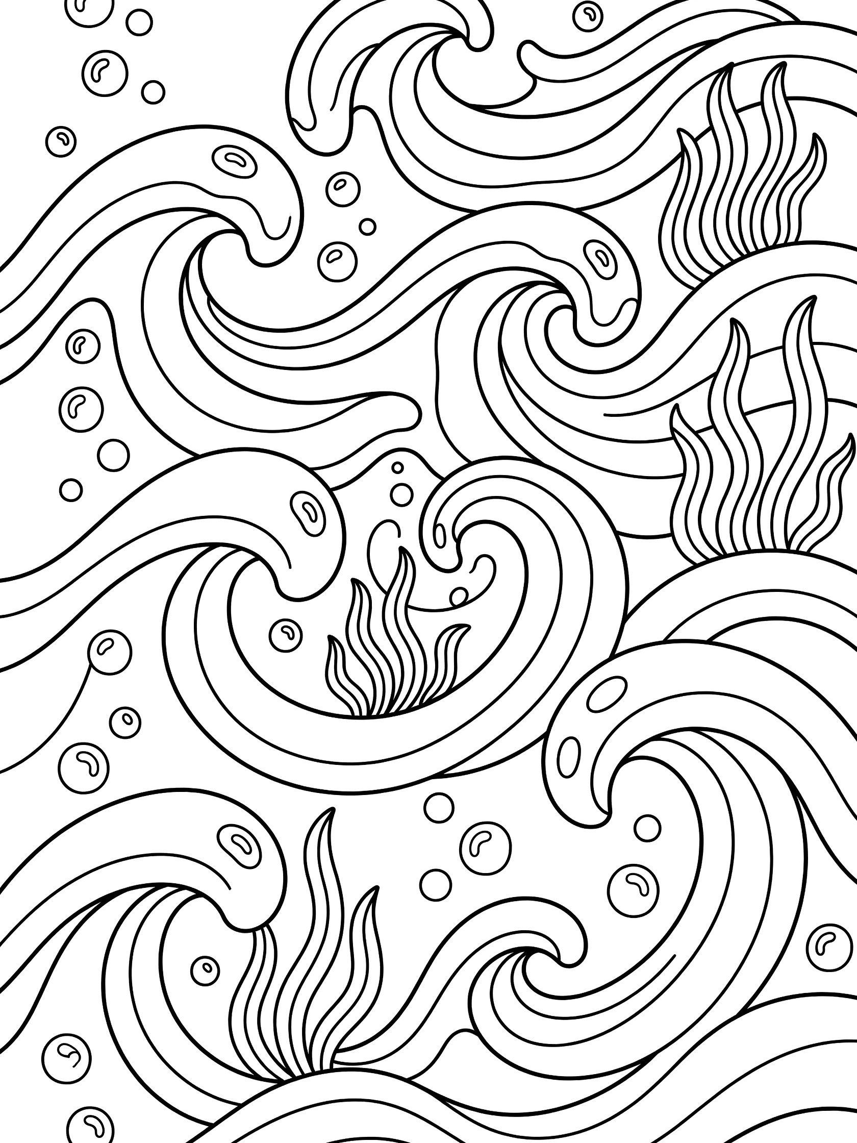 Black and white line art coloring page showing swirling ocean waves, round bubbles, and tall seaweed strands. Hollibaugh themed black and white printable line art