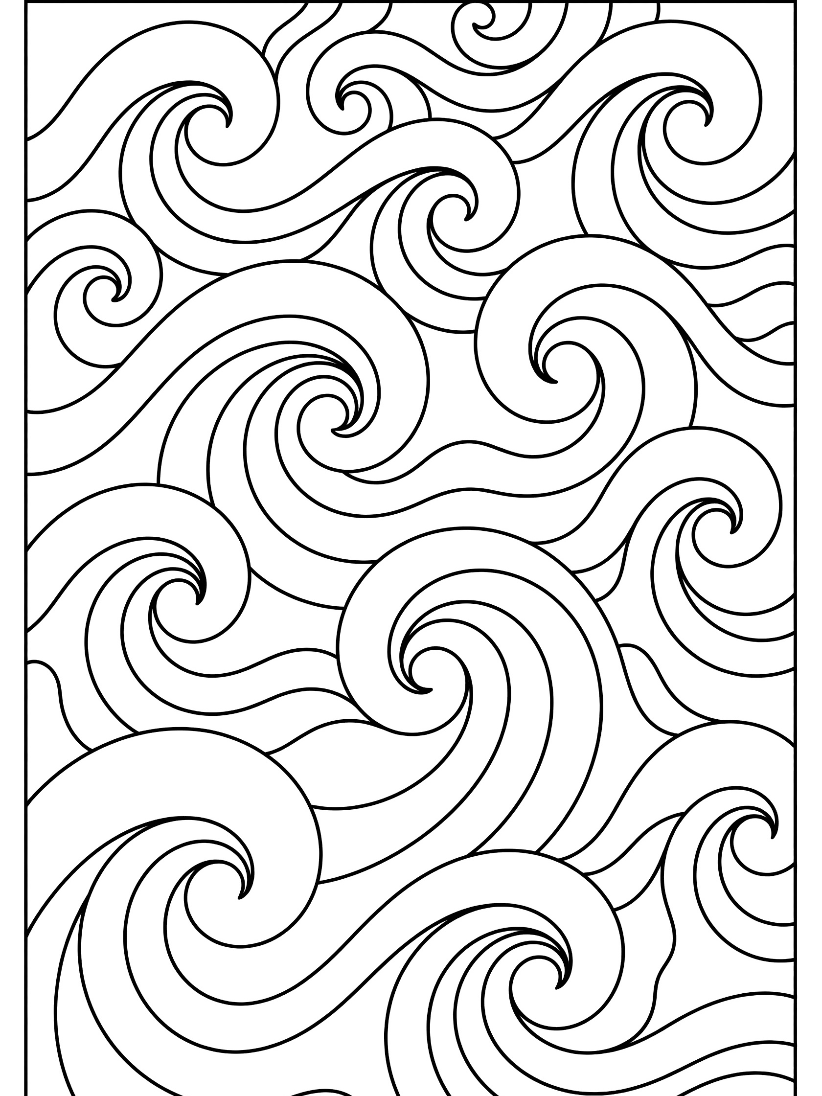 Black and white line art coloring page showing swirling ocean waves with curling and twisting patterns in zentangle style, fully enclosed shapes on white background