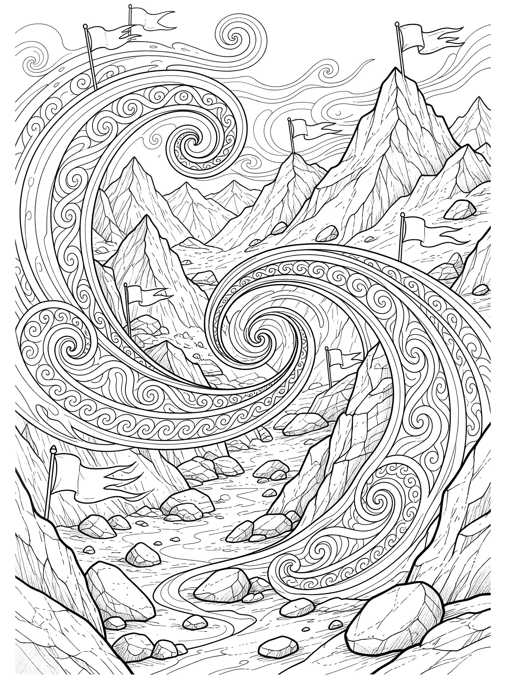 Black and white Zentangle-style coloring page showing swirl wind gusts curling around jagged mountains, fluttering flags, and rocks in a pass.