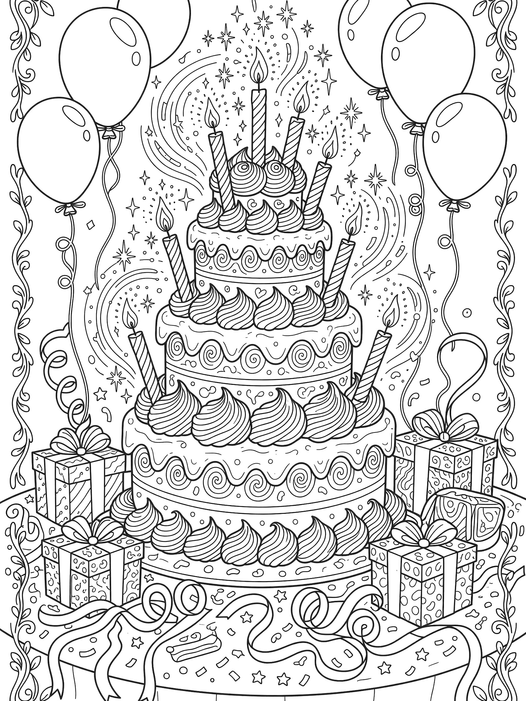 Black and white line art of a tall swirly birthday cake with candles, balloons, gifts, ribbons and sparkles for coloring