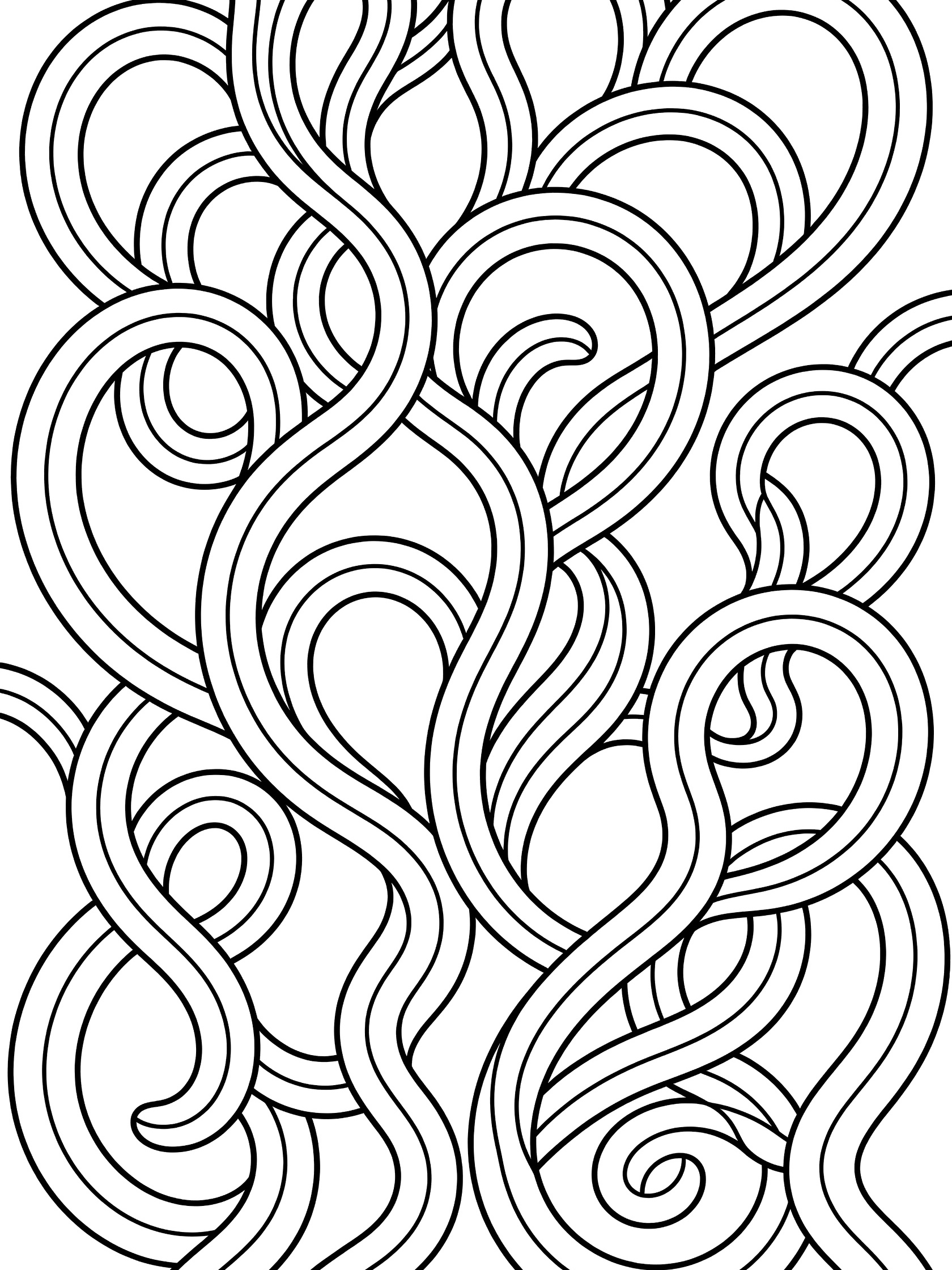Black and white line art coloring page of playful swirly curls and intertwined ribbon vines in Zentangle style. Hollibaugh themed black and white printable line art