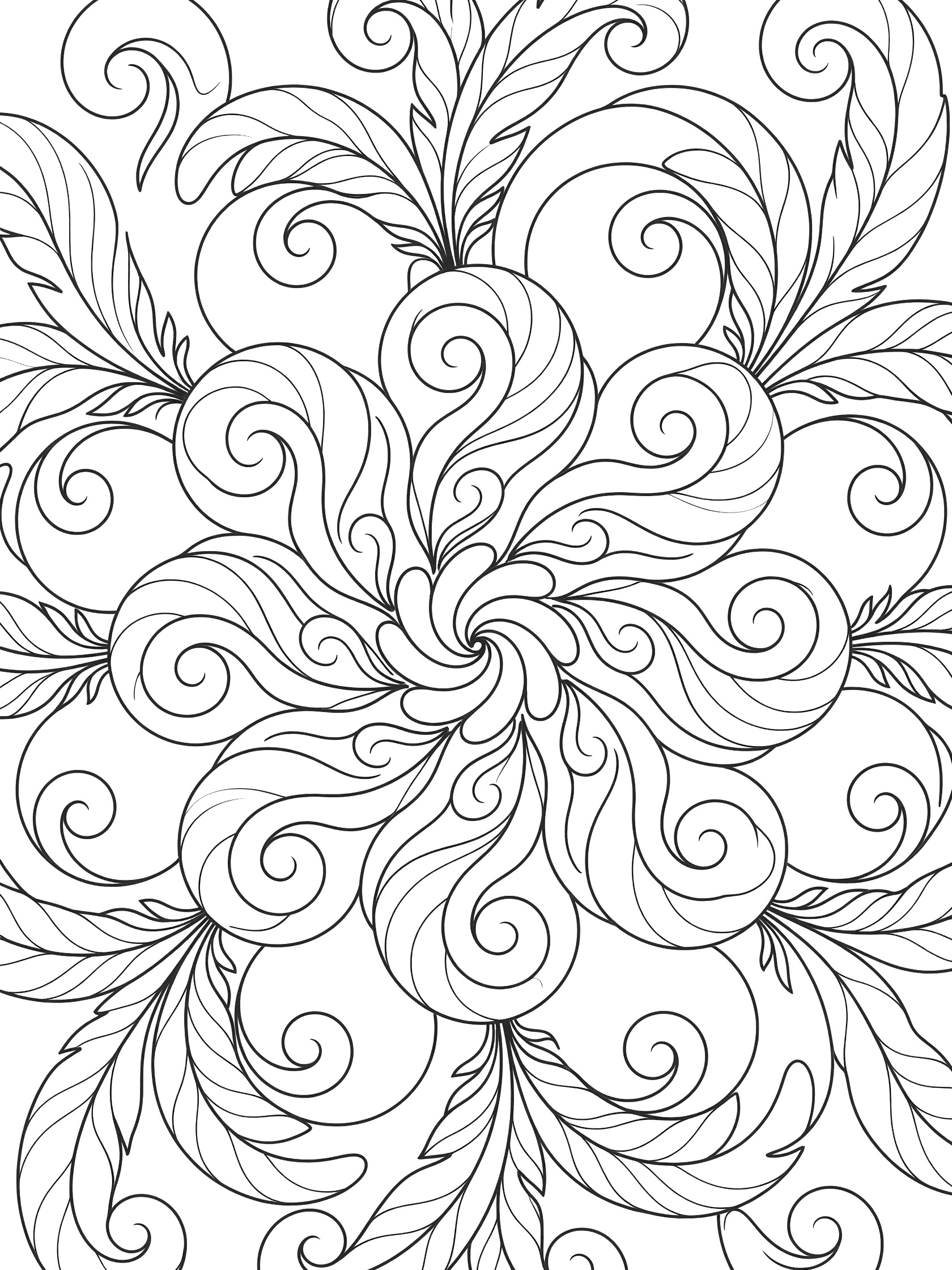 Black and white line art of a symmetric mandala made from swirling feathers and curling shapes, coloring book style.