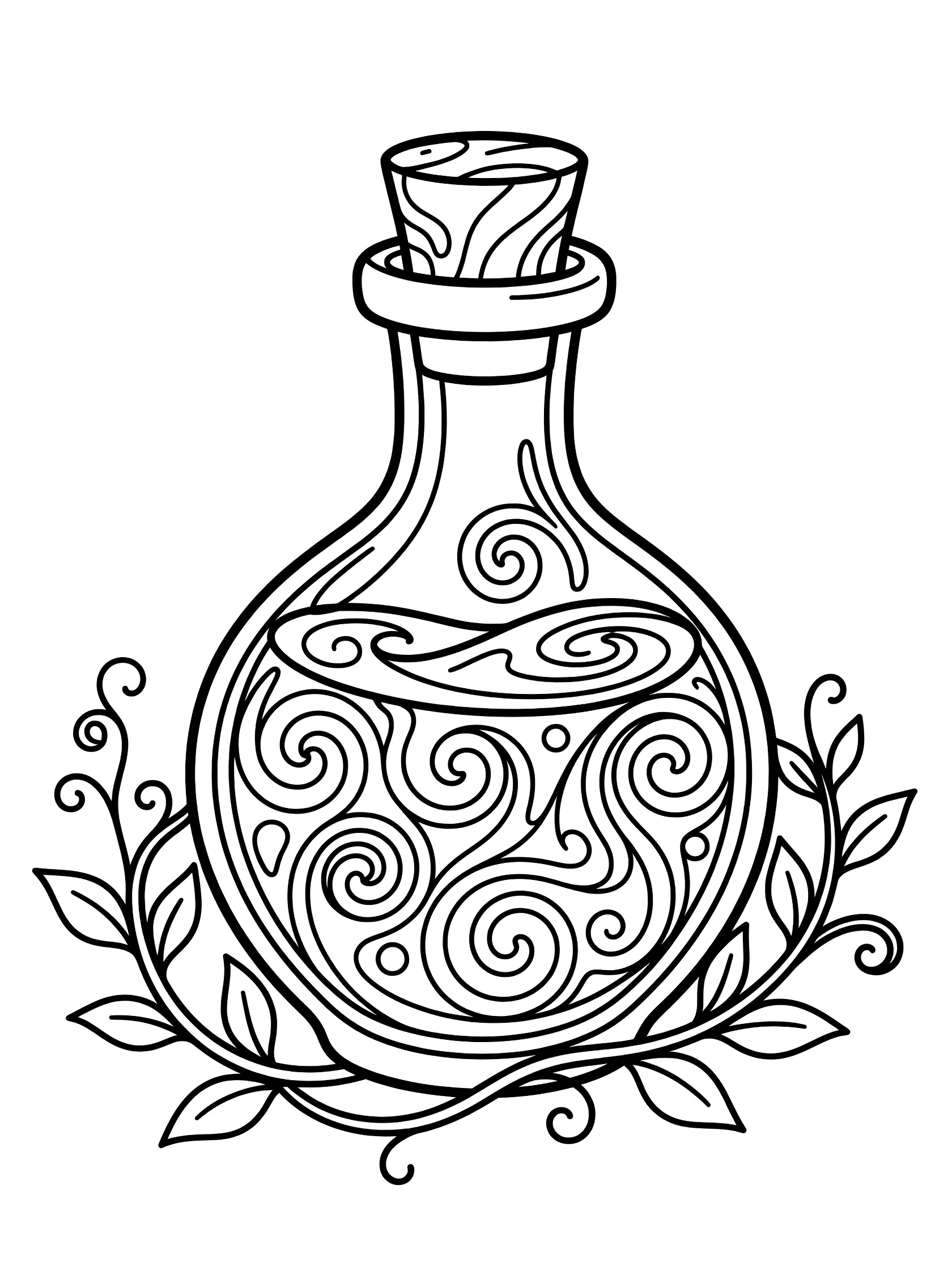 Black and white line art of a curvy potion bottle with swirly patterns inside, wide mouth, twisted cork top, and magical vines and leaves around the base.