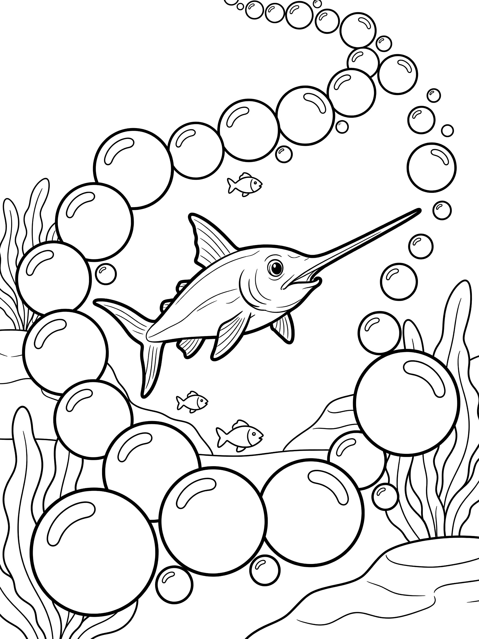 Black and white line art coloring page showing a swordfish with long bill chasing a curly trail of large bubbles, small fish nearby, and seaweed at the bottom.