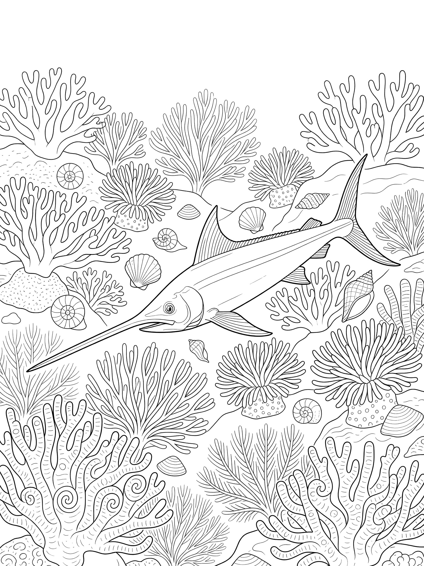 Black and white line art coloring page showing a swordfish weaving among branching corals and scattered seashells on the ocean floor.