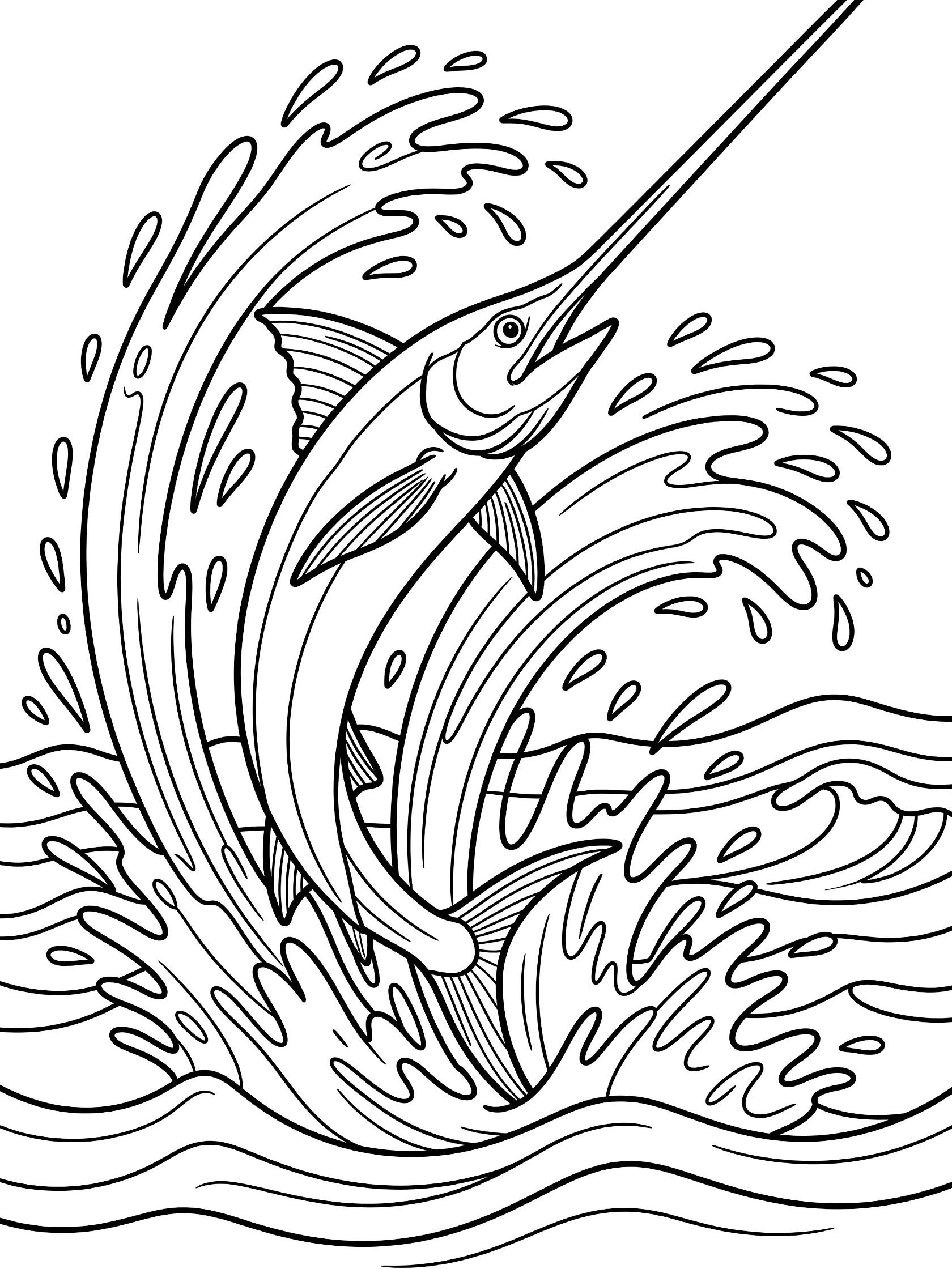 Black and white line drawing of a swordfish leaping out of splashing ocean waves, bill pointed up, water droplets trailing behind.