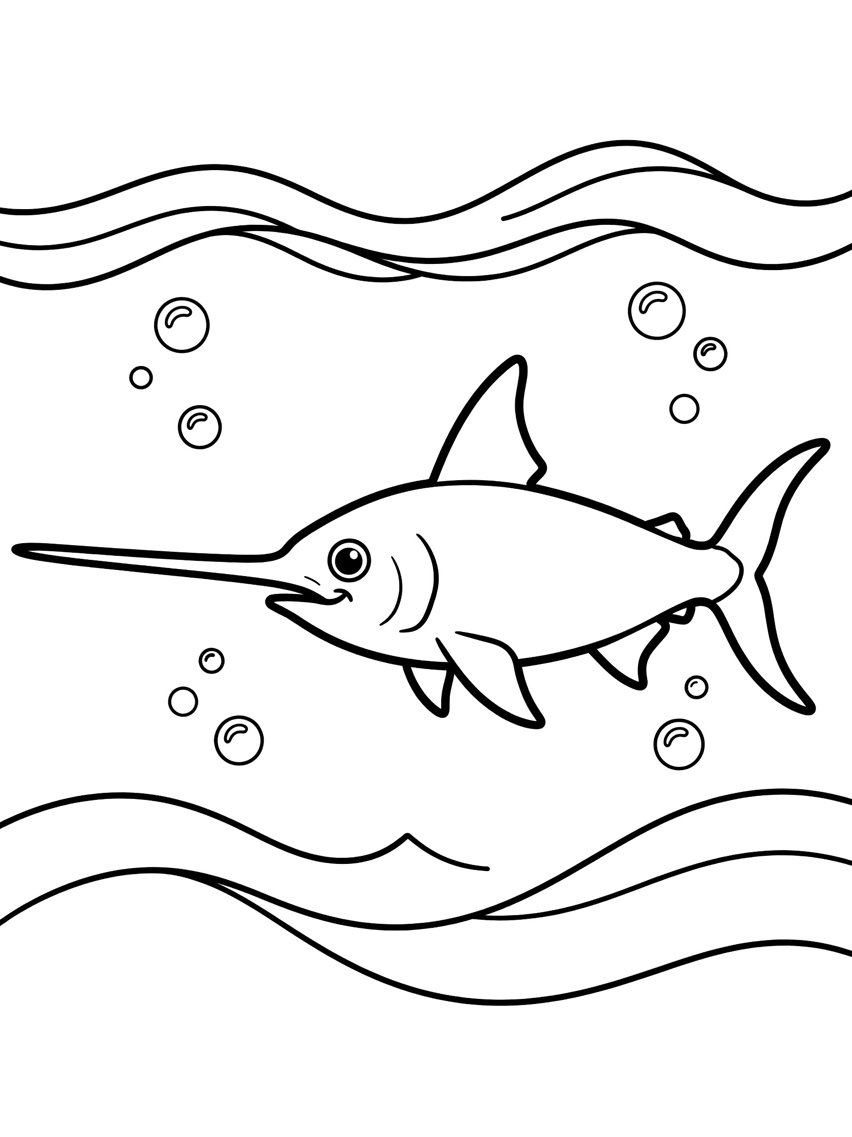 Black and white coloring page of a swordfish swimming with long bill forward, surrounded by gentle waves and bubbles